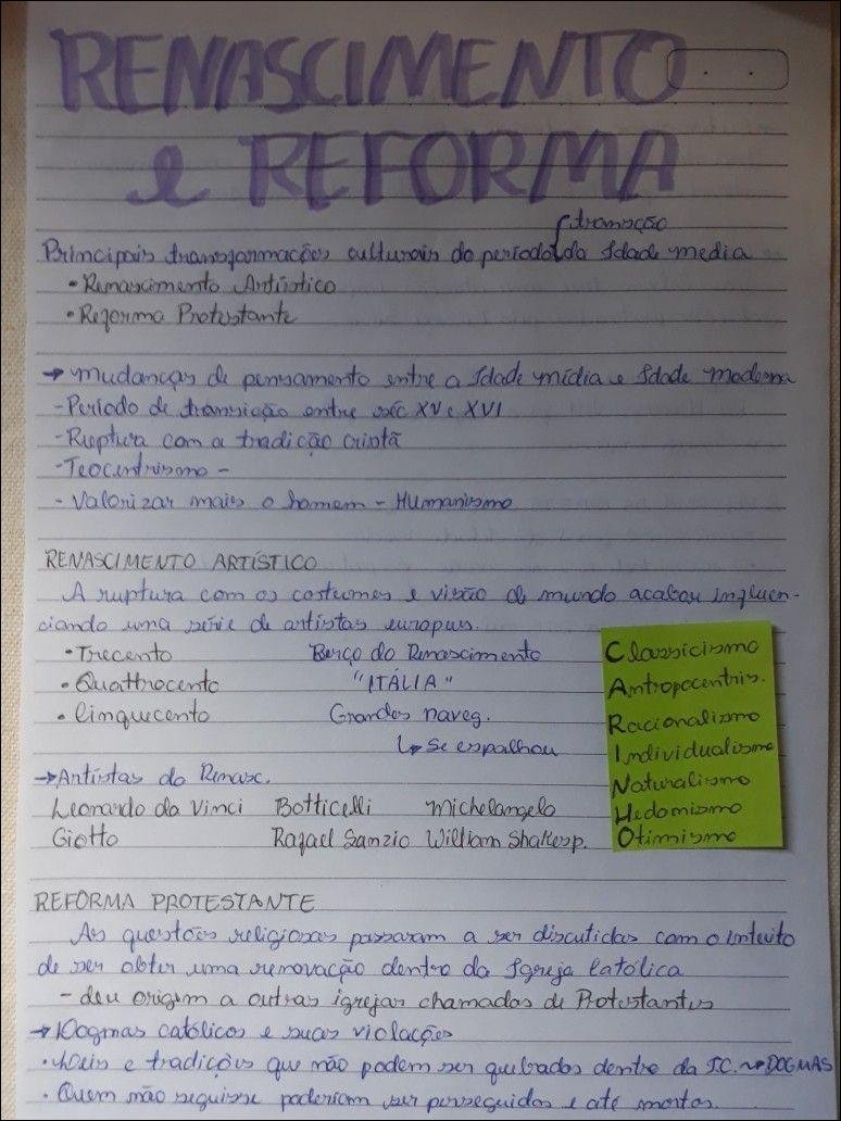 Mapa mental com Renascimento no centro, ramificando-se para: Reforma e Principais transformações culturais do período da Idade Média