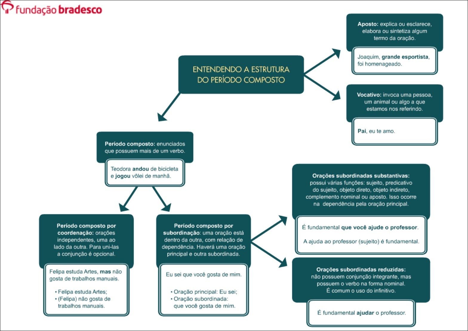 Mapa mental com Fundação Bradesco no centro, ramificando-se para Aposto explica ou esclarece e elabora ou sintetiza algum termo da oração