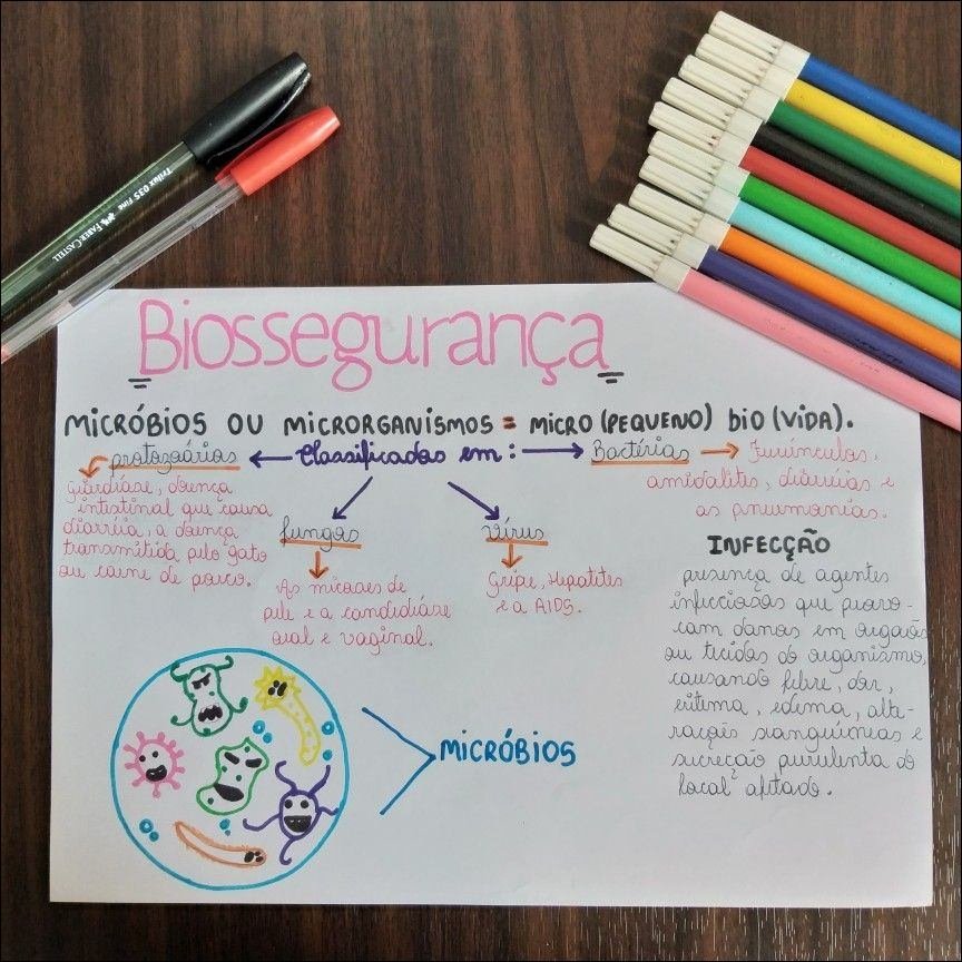 Mapa mental com Biossegurança no centro, ramificando-se para Bactérias e Vírus