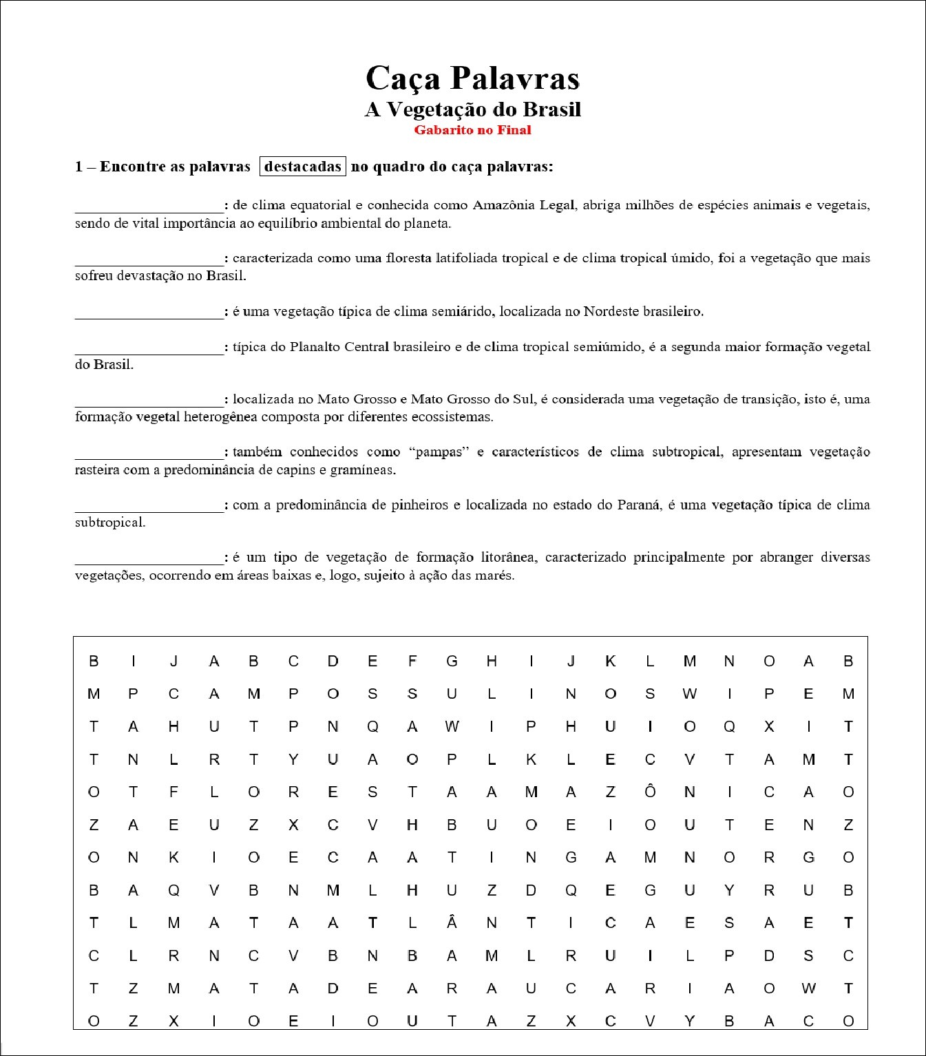 Mapas do Brasil Vegeteção Caça-Palavras