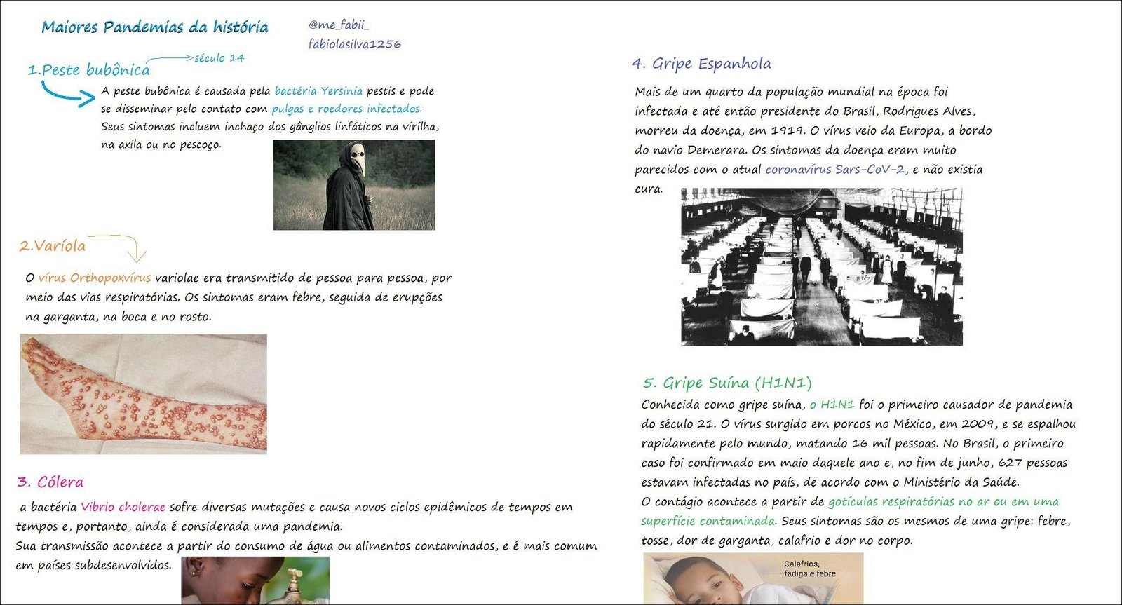 Mapa mental com Maiores Pandemias da história no centro, ramificando-se para Gripe Espanhola e Peste bubônica