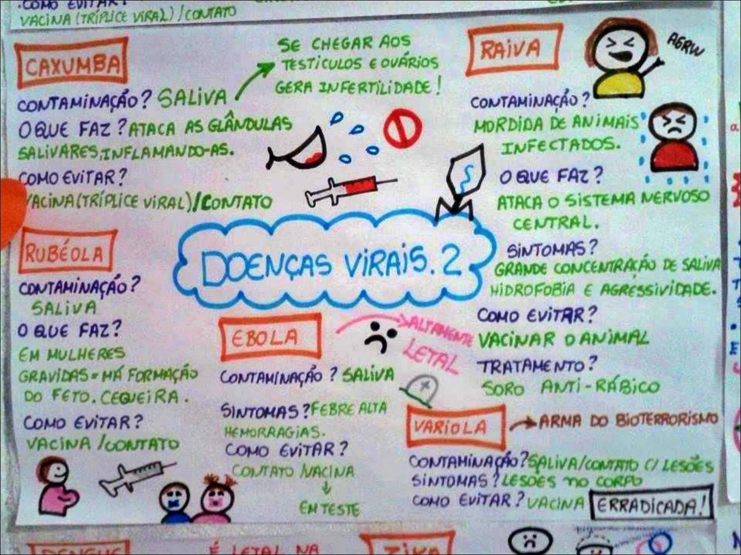 Mapa mental com Doenças virais.2 no centro, ramificando-se para Vacina evita (Tríplice viral)/Contato e Agrw