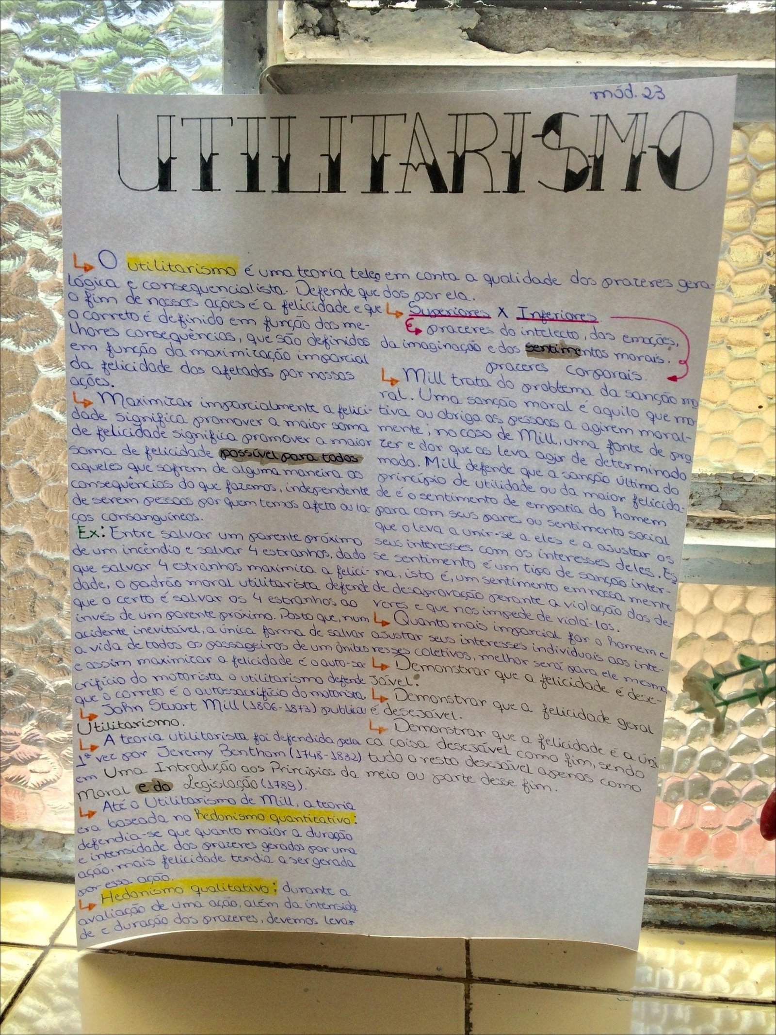 Mapa mental com lógica de utilitarismo consequencial no centro, ramificando-se para Defende teoria telco e qualidade dos praceres