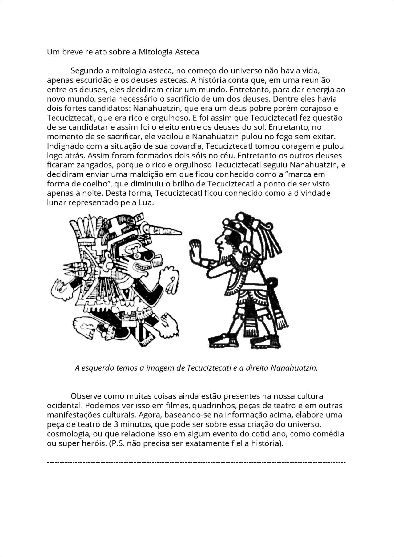Mapa mental com Mitologia Asteca no centro, ramificando-se para Universo, Deuses Astecas, Reunião, Mundo, Energia, Sacrifício, Nanahuatzin, Tecuciztecatl