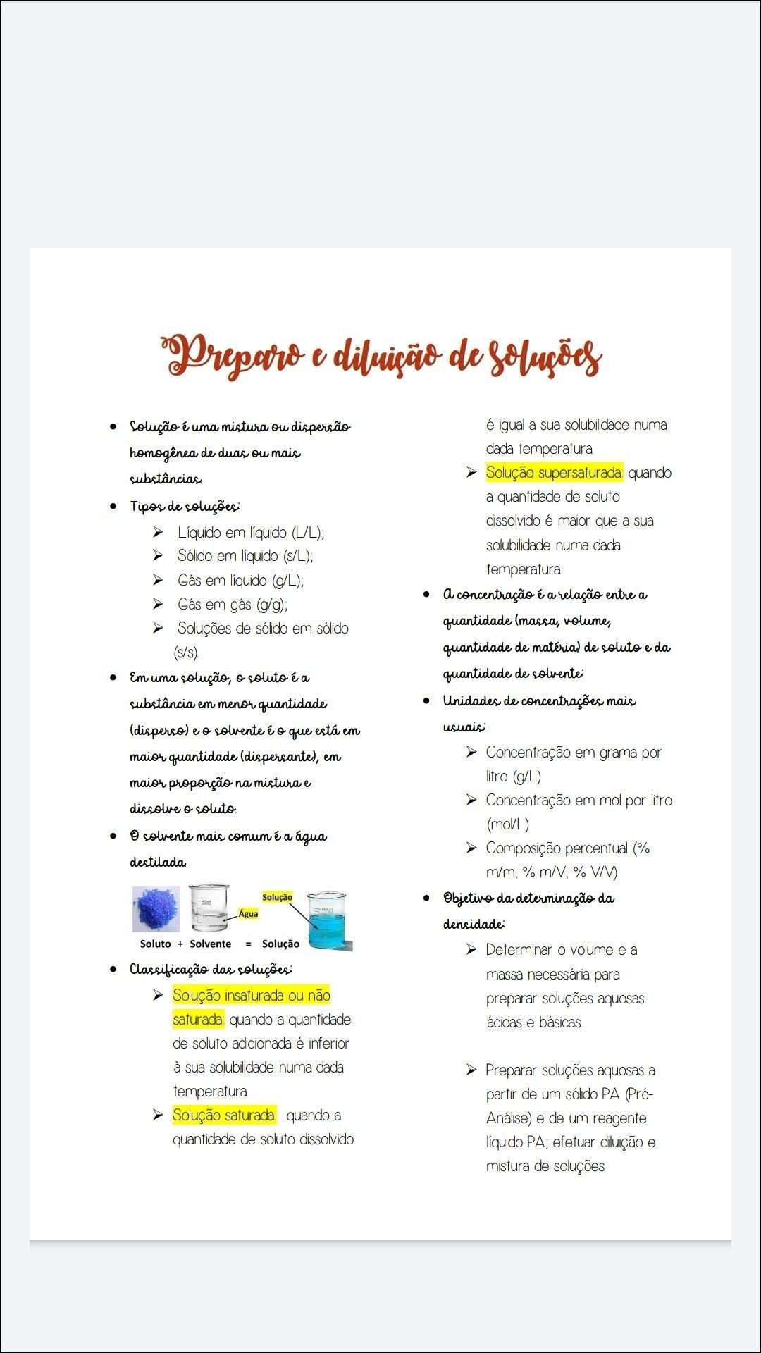 Mapa mental com Preparo e diluição de soluções no centro, ramificando-se para Solubilidade numa e Solução