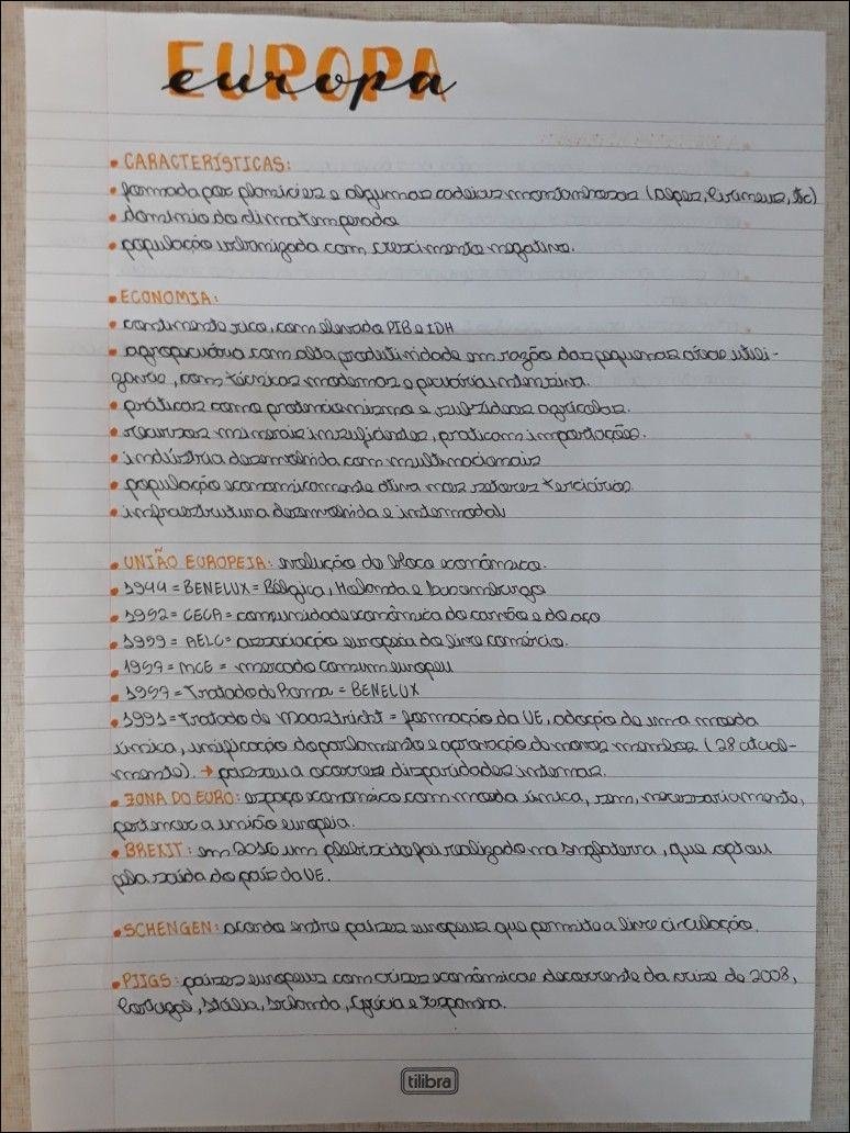 Mapa mental com Europa no centro, ramificando-se para Características e Características