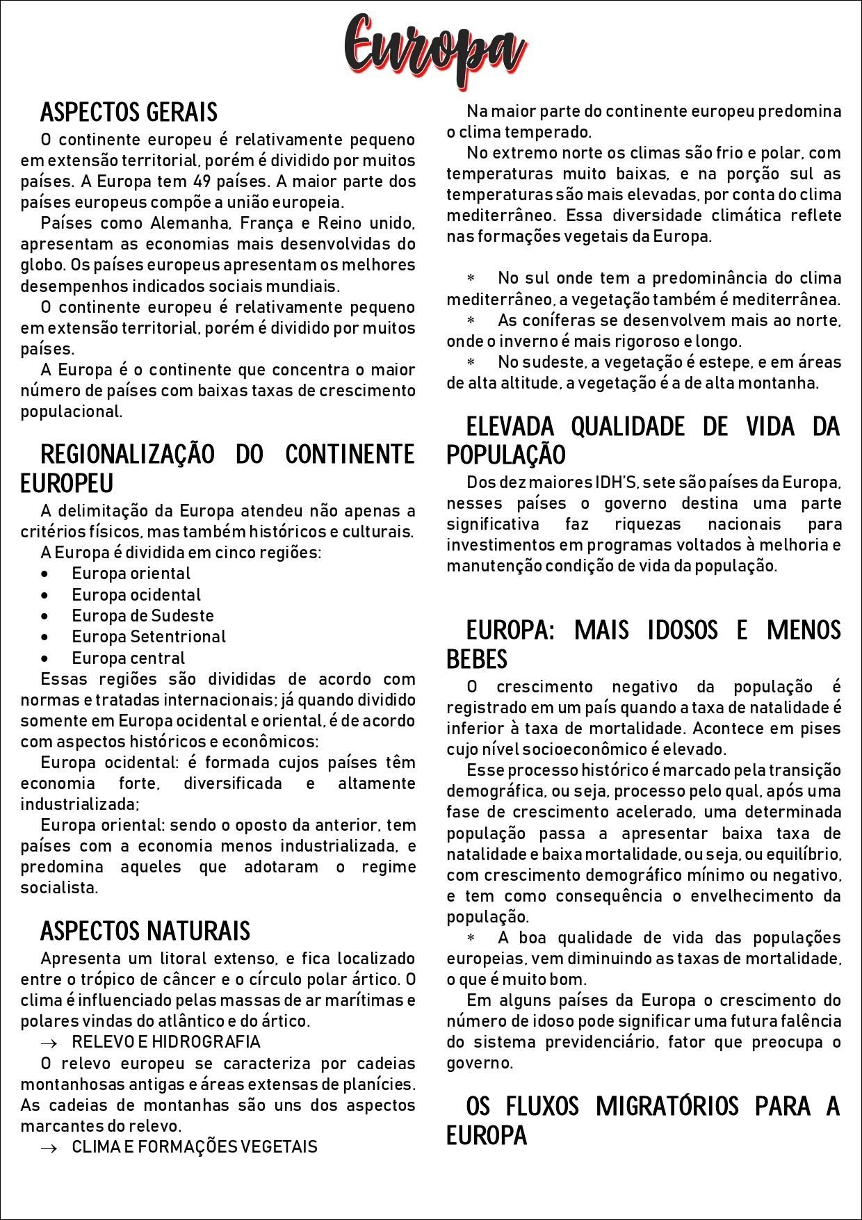 Mapa mental com Europa no centro, ramificando-se para ASPECTOS GERAIS e Na maior parte do continente europeu predomina