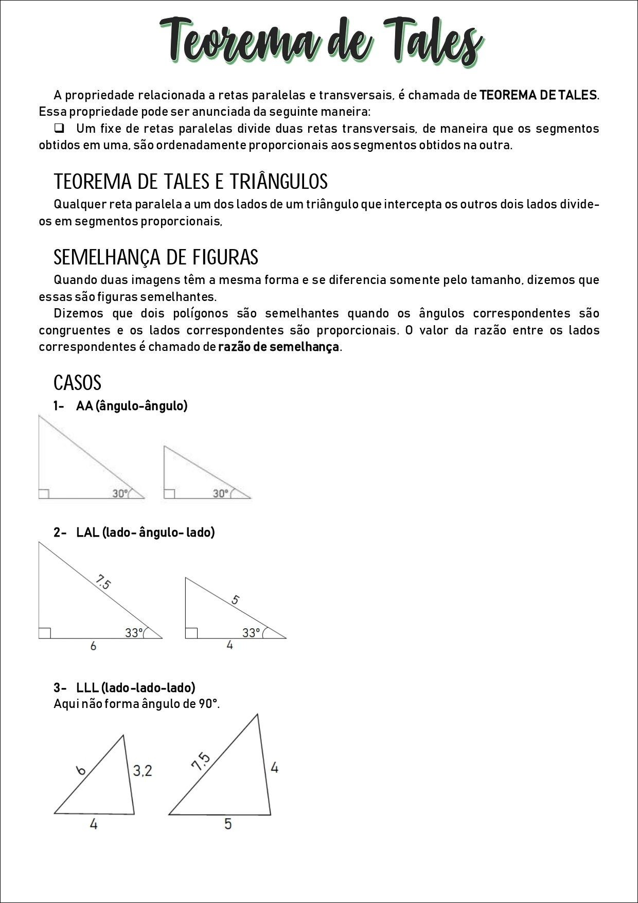 Mapa mental com Teorema de Tales no centro, ramificando-se para Propriedade, Retas paralelas e transversais