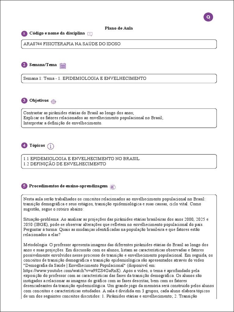 Mapa mental com Plano de Aula no centro, ramificando-se para Código e nome da disciplina e SemanaT ema