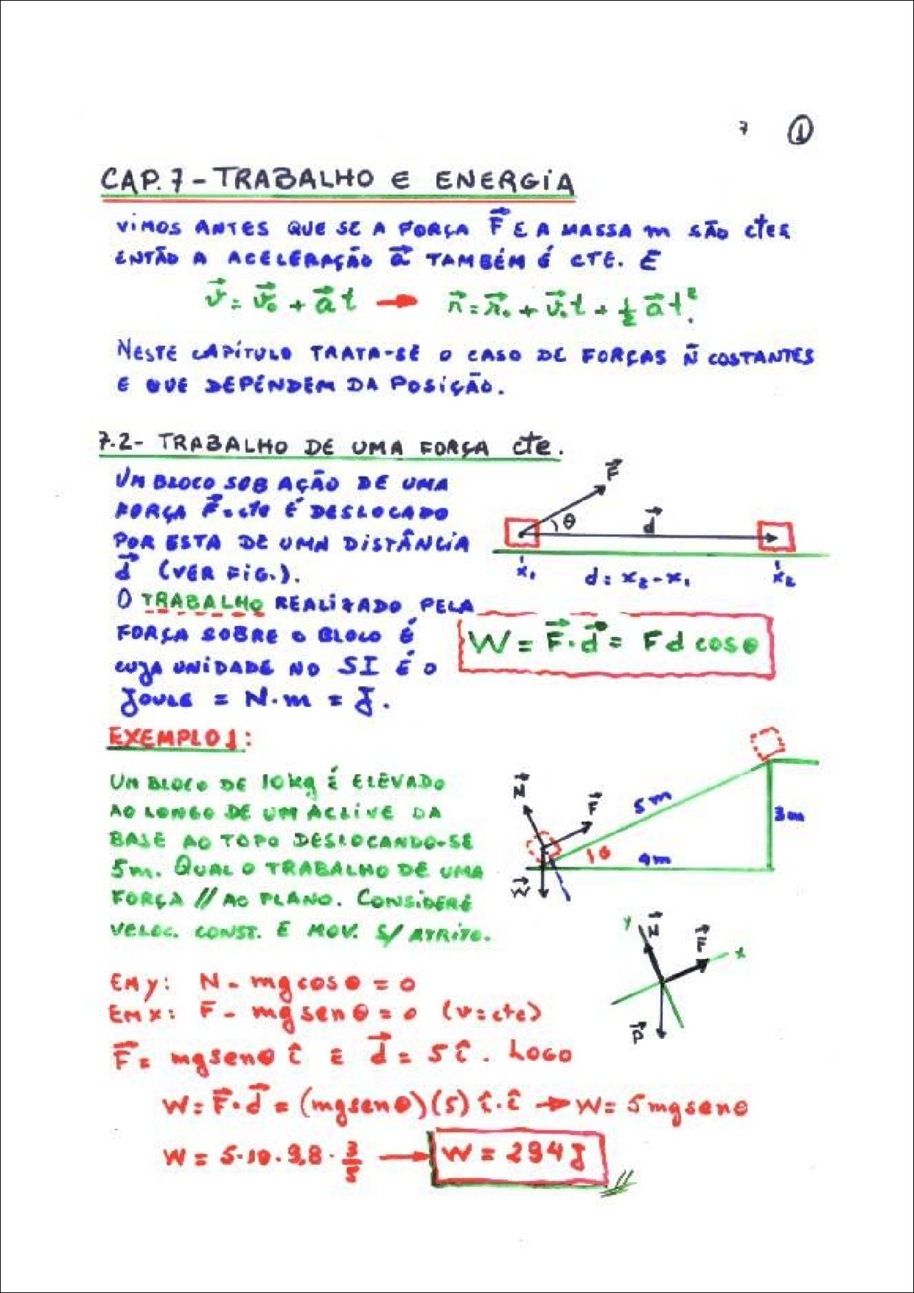 Mapa mental com Trabalho e Energia no centro, ramificando-se para Força, Massa, Aceleração, Constante, Posição, Trabalho de uma Força, Bloco, Deslocado, Distância, Realizado, Unidade, Exemplos
