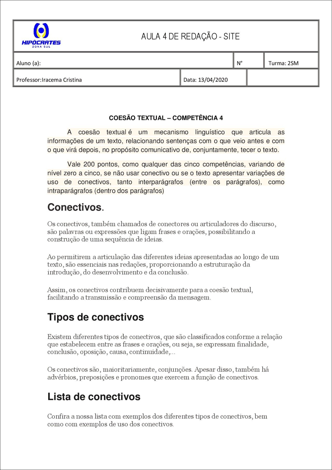 Mapa mental com AULA 4 DE REDAÇÃO SITE no centro, ramificando-se para HIPÓCRATES e ZONA SUL