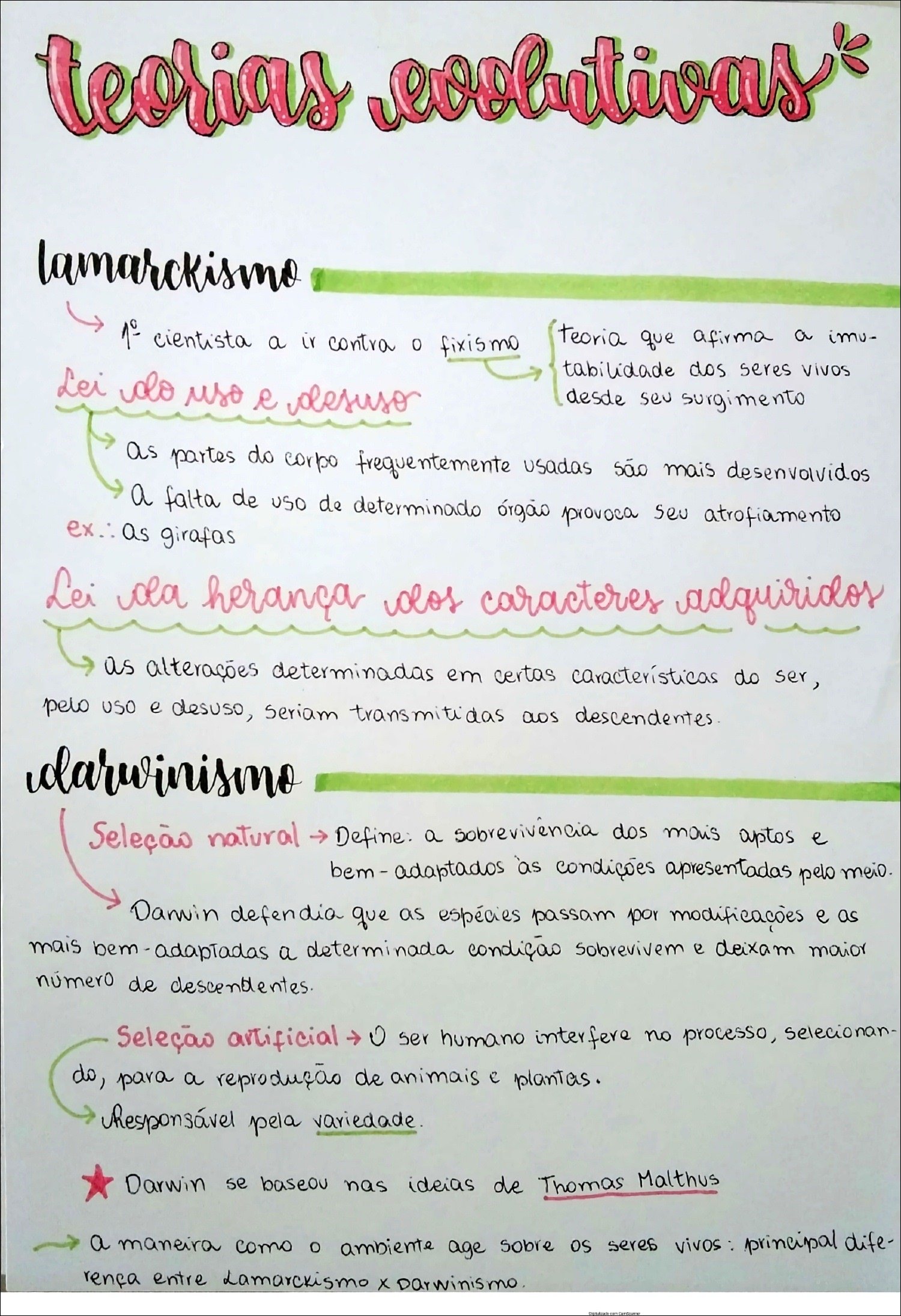 Mapa mental com teorias evolutivas no centro, ramificando-se para lamarckismo e 1° cientista a ir contra o fixismo