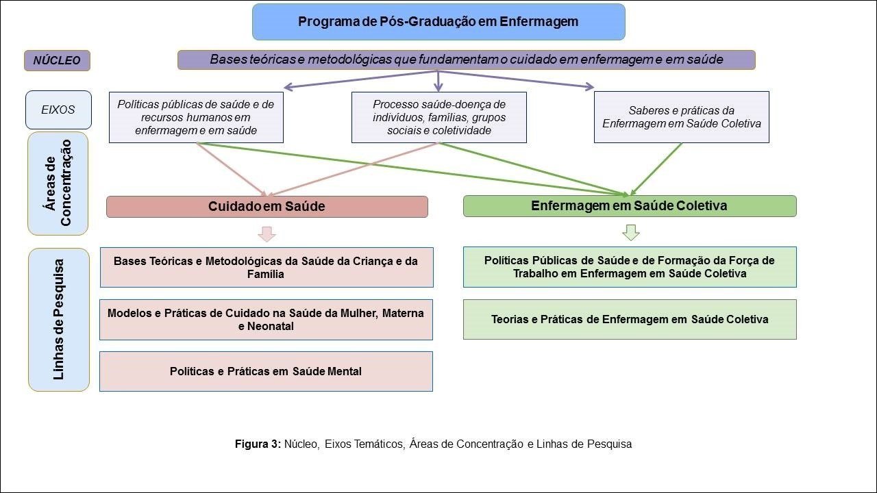 Mapa mental com Programa de PósGraduação em Enfermagem no centro, ramificando-se para NÚCLEO e Bases teóricas e metodológicas que fundamentam O cuidado em enfermagem e em saúde