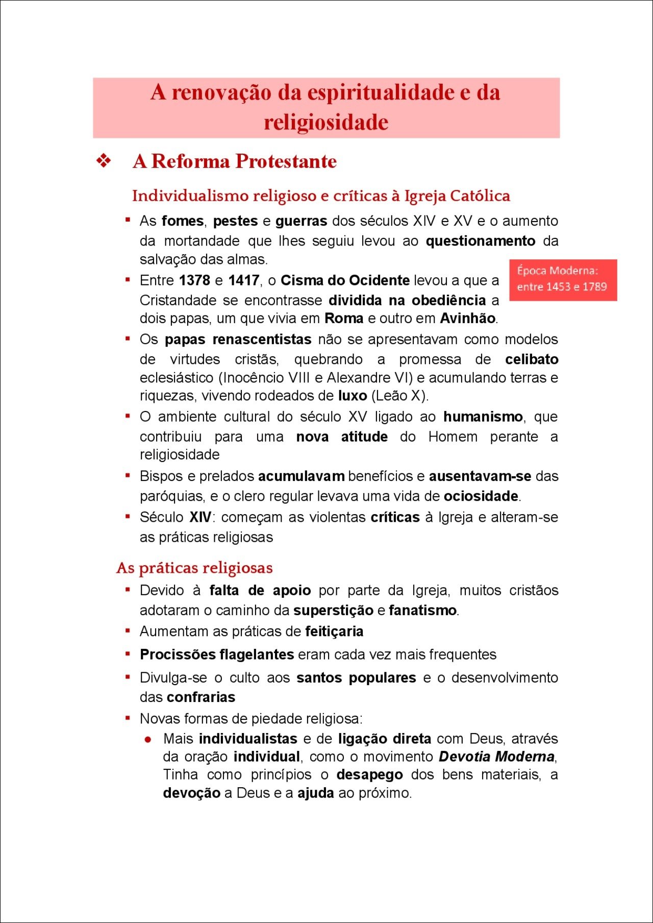 Mapa mental com A Reforma Protestante no centro, ramificando-se para renovação da espiritualidade e da religiosidade e Individualismo religioso e críticas à Igreja Católica