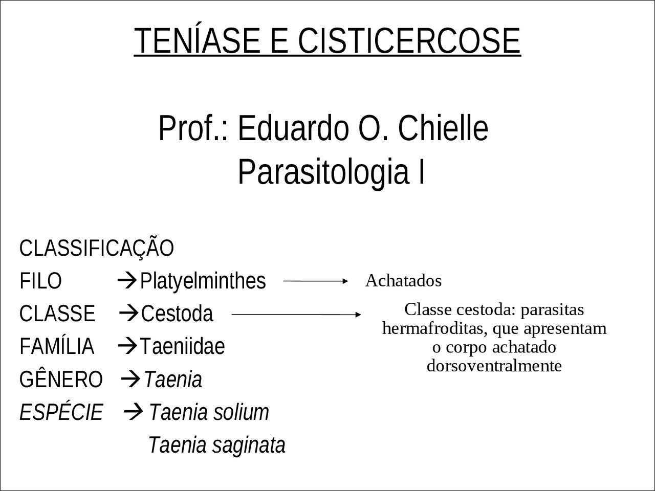 Mapa mental com TENÍASE E CISTICERCOSE no centro, ramificando-se para Prof Eduardo О Chielle e Parasitologia I