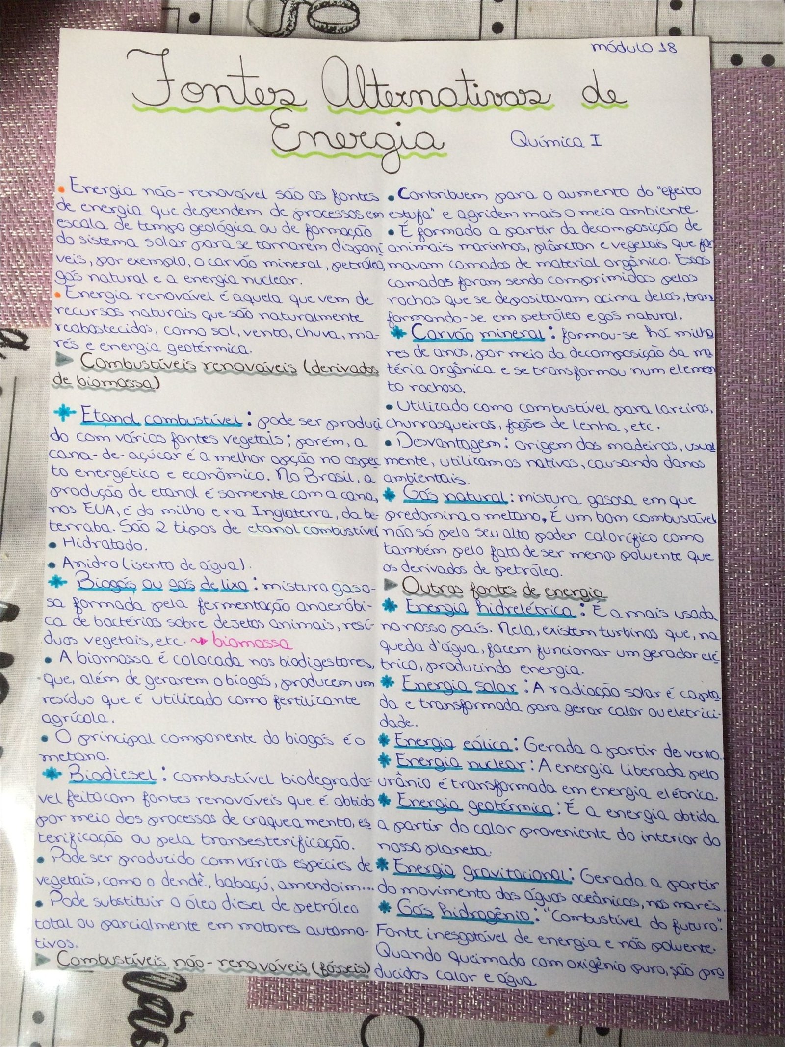 Mapa mental com Fontes Alternativas de Energia no centro, ramificando-se para Química I e Energia