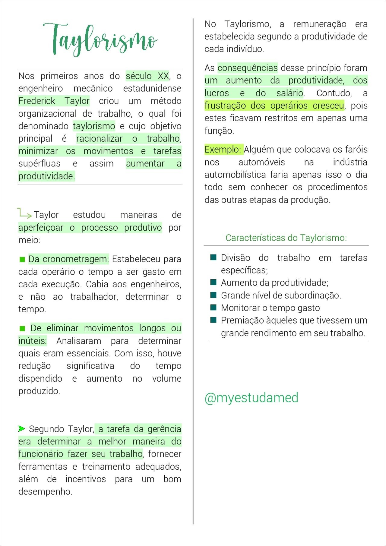 Mapa mental com Taylorismo no centro, ramificando-se para remuneração e produtividade