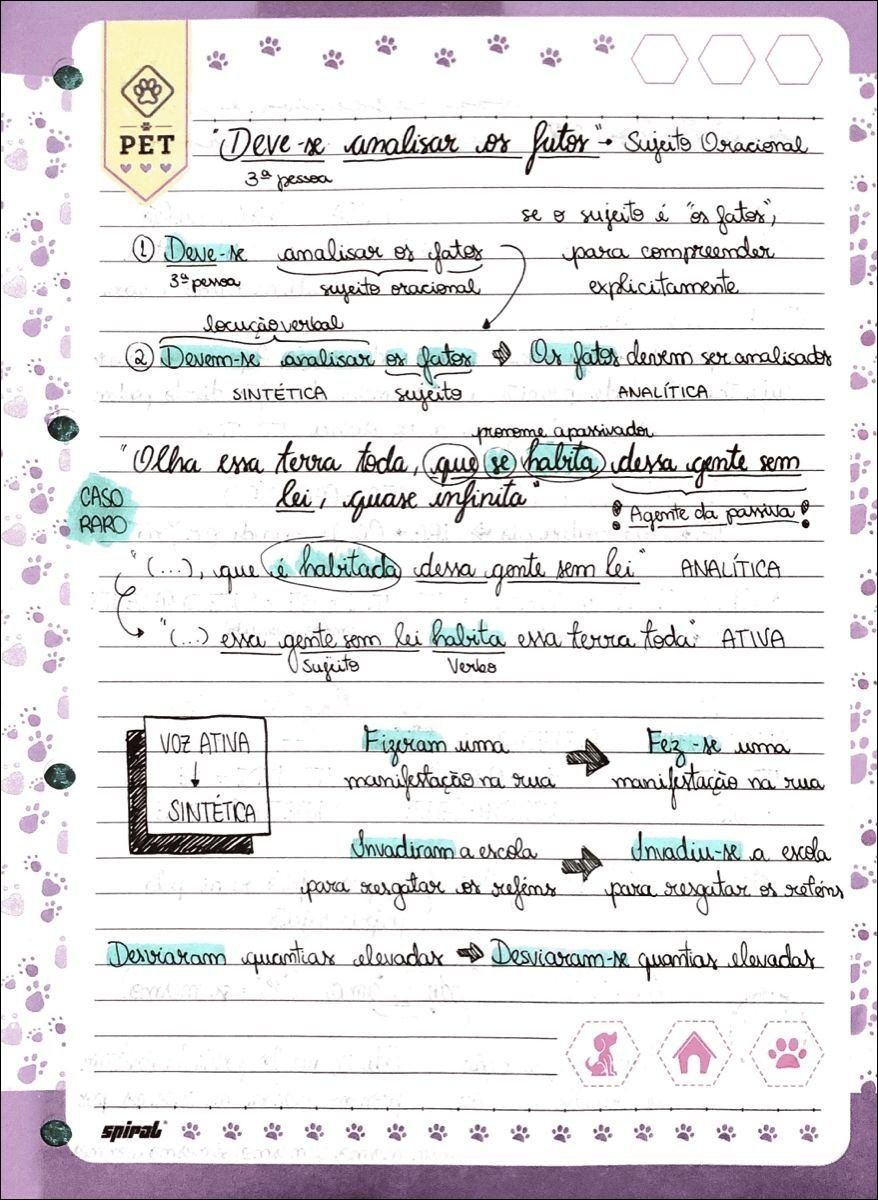 Mapa mental com PET no centro, ramificando-se para Deve, 3a pessea, Sujeito Oracional