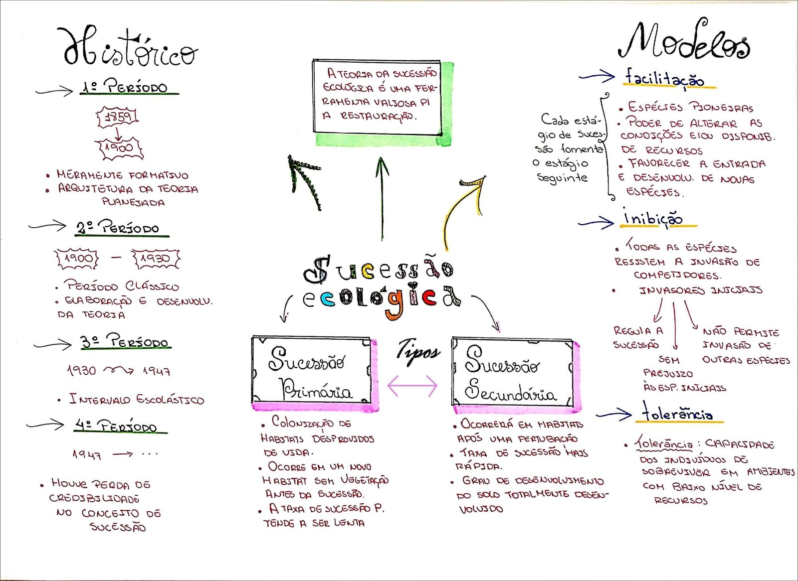 Mapa mental com Sucessão no centro, ramificando-se para Hestórico e Modelos