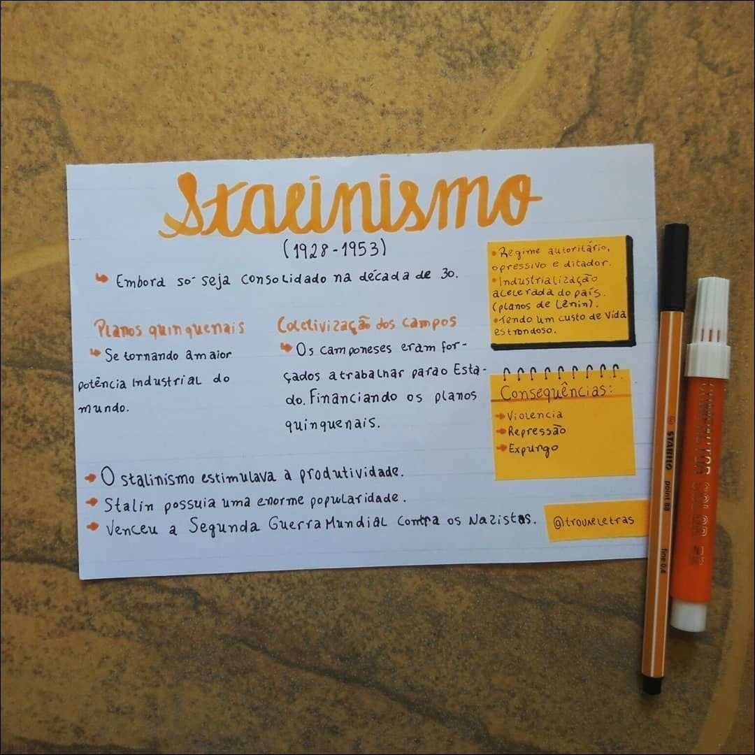 Mapa mental com Stalinismo no centro, ramificando-se para Regime autoritario e Industrialização
