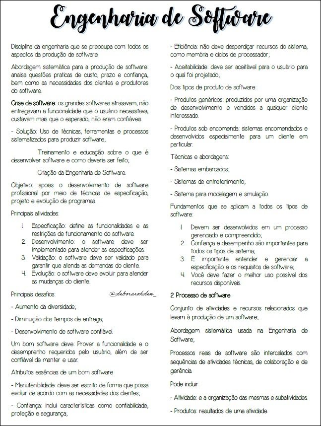 Mapa mental com Engenharia de Software no centro, ramificando-se para Disciplina da engenharia que se preocupa com todos os e Eficiência não deve desperdiçar recursos do sistema