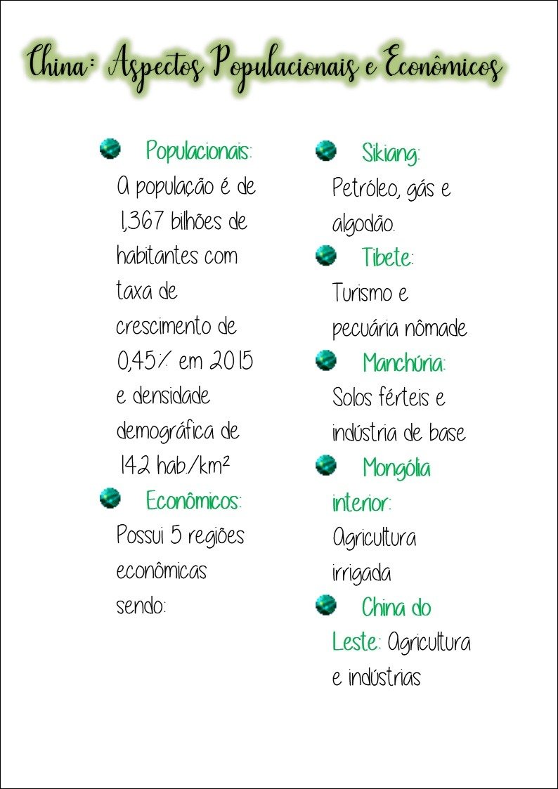 Mapa mental com China Aspectos Populacionais e Econômicos no centro, ramificando-se para Populacionais e Econômicos, Sikiang, Petróleo gás e, 1367 bilhões de, algodão, habitantes com