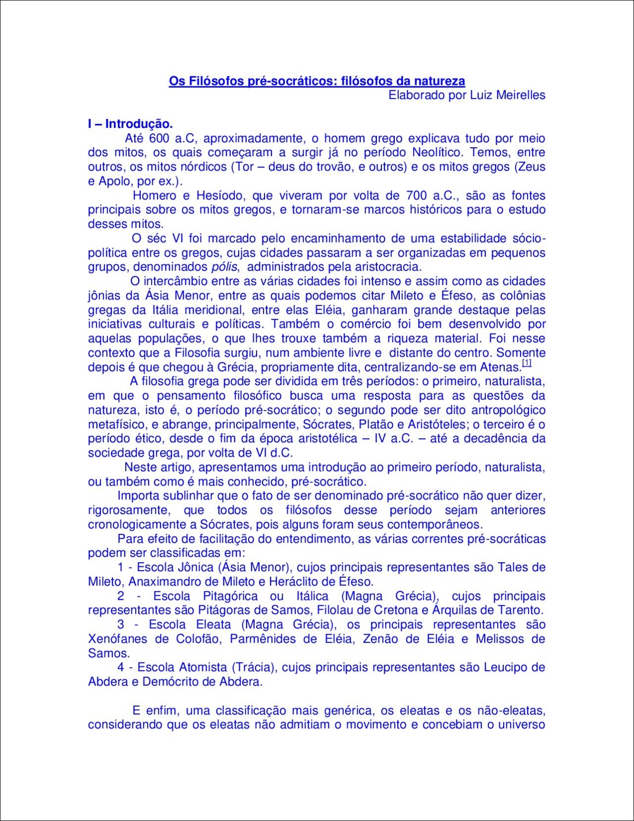 Mapa mental com Filósofos présocráticos no centro, ramificando-se para filósofos da natureza e Elaborado por Luiz Meirelles