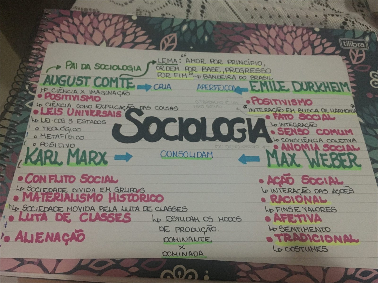 Mapa mental com Tilibra no centro, ramificando-se para LEMA AMOR POR PRINCÍPIO e PAI DA SOCIOLOGIA