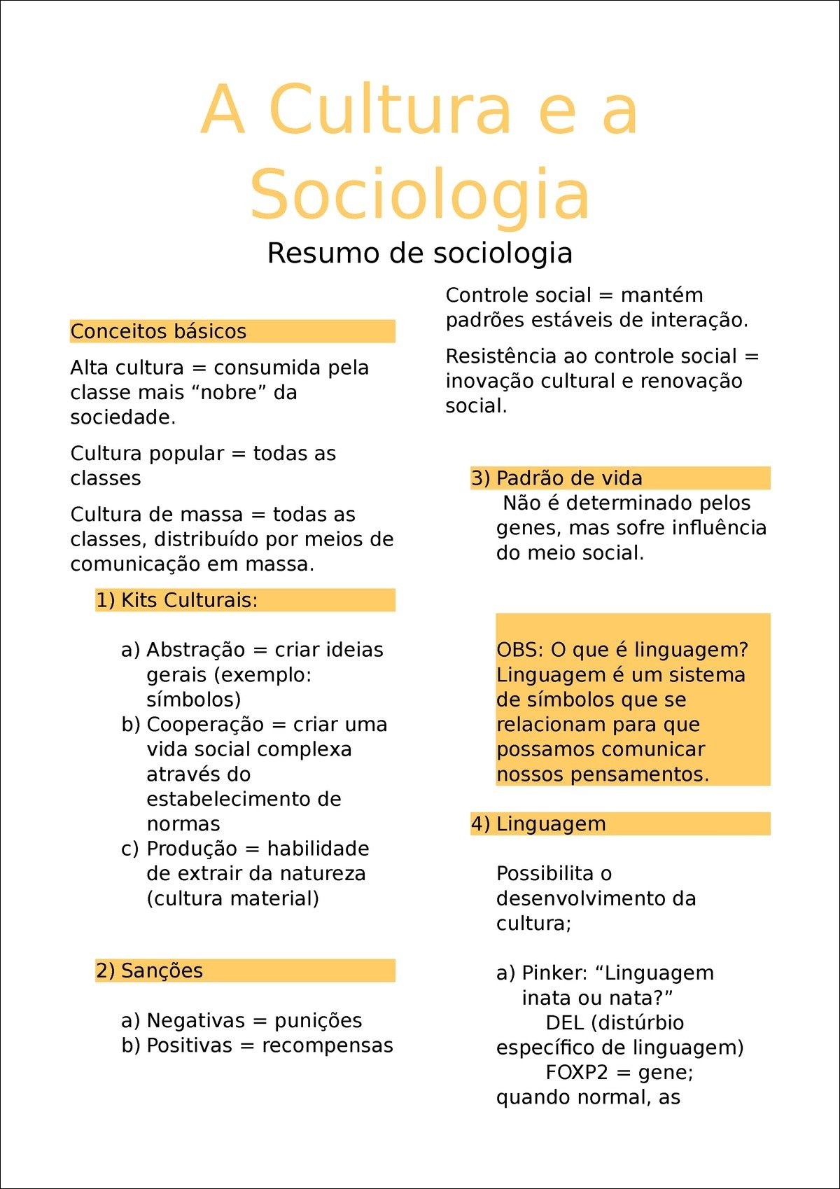 Mapa mental com Cultura e a no centro, ramificando-se para Sociologia e Resumo de sociologia