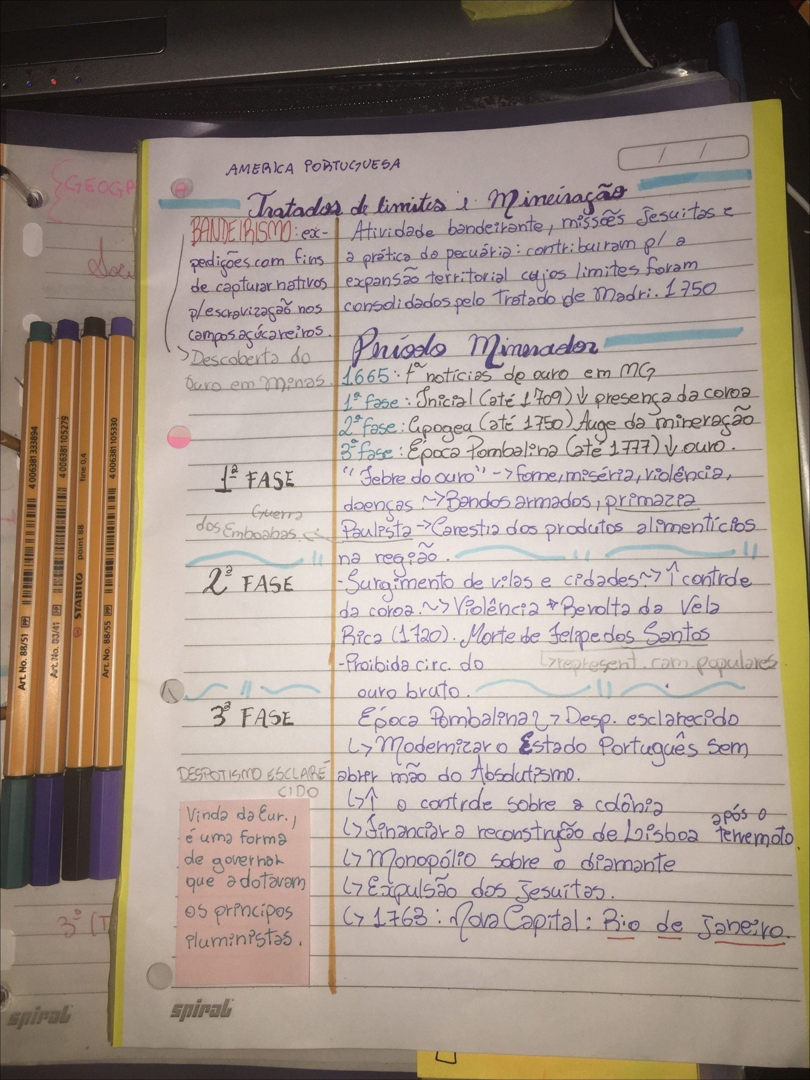 Mapa mental com AMERICA PORTUGUESA no centro, ramificando-se para GEOGA e Tratados de limites Mineisação