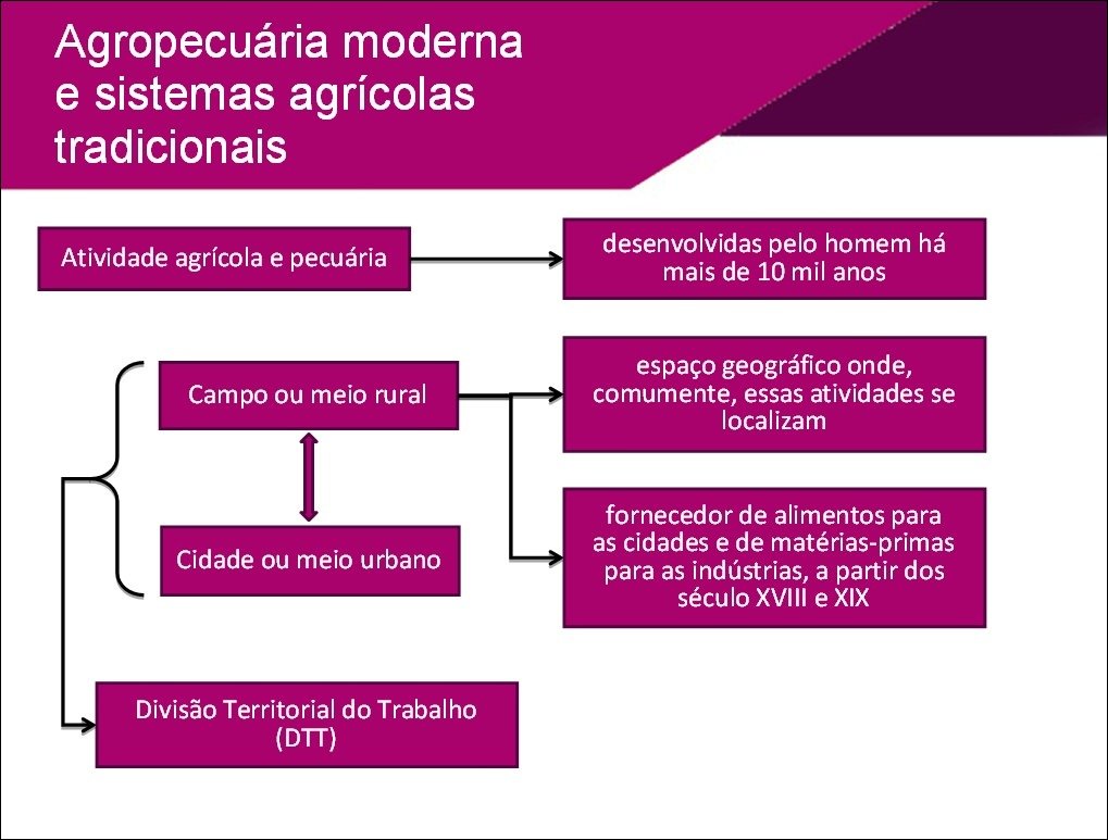 Mapa mental com Agropecuária moderna no centro, ramificando-se para sistemas agrícolas e tradicionais