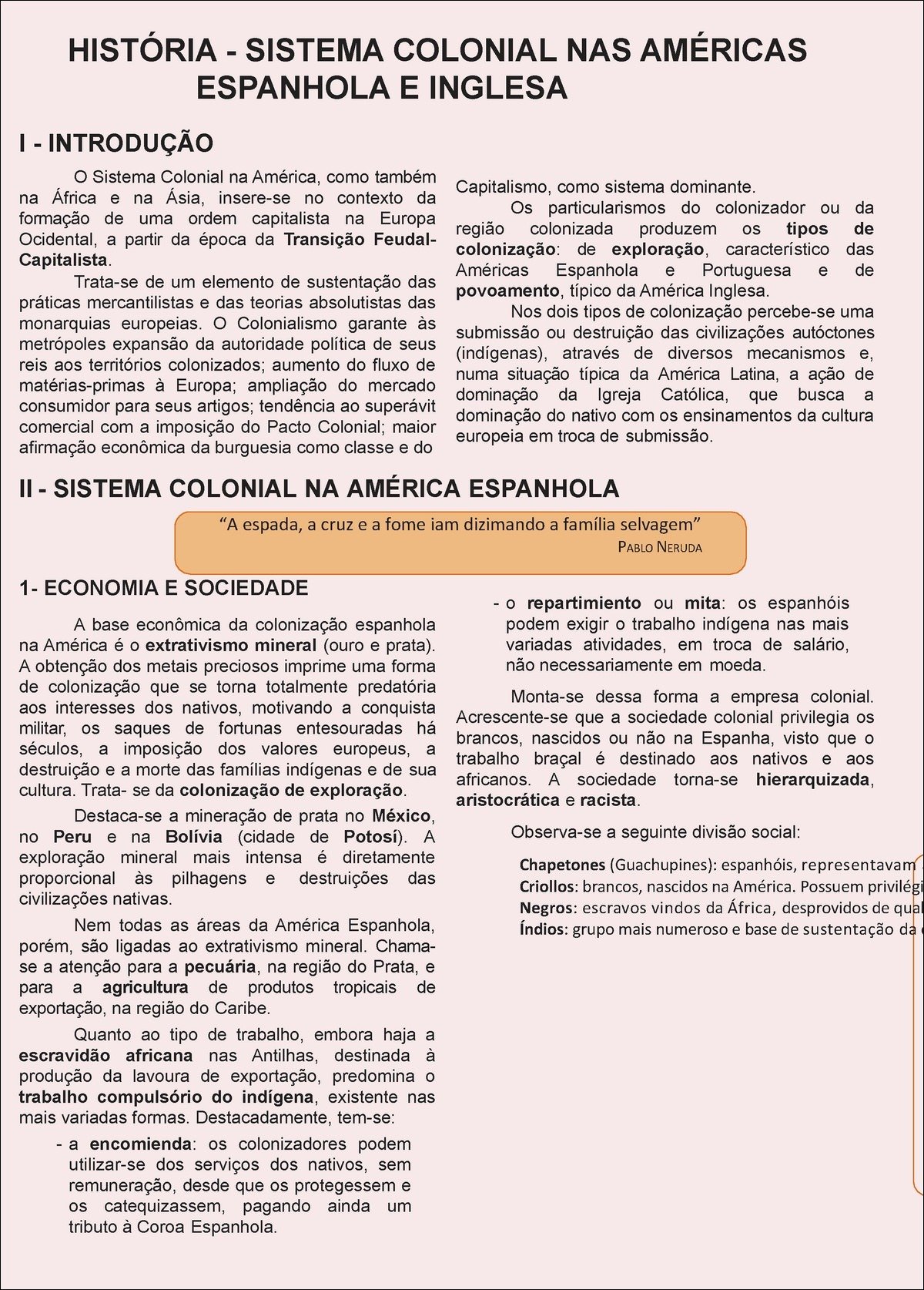 Mapa mental com Sistema Colonial nas Américas no centro, ramificando-se para História, Espanhola e Inglesa
