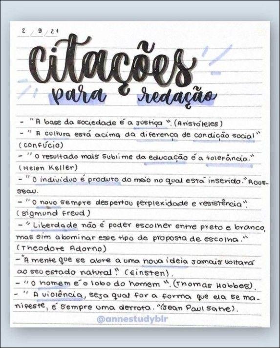Mapa mental com a palavra Citações no centro, ramificando-se para 2 9 21 e Para Redação