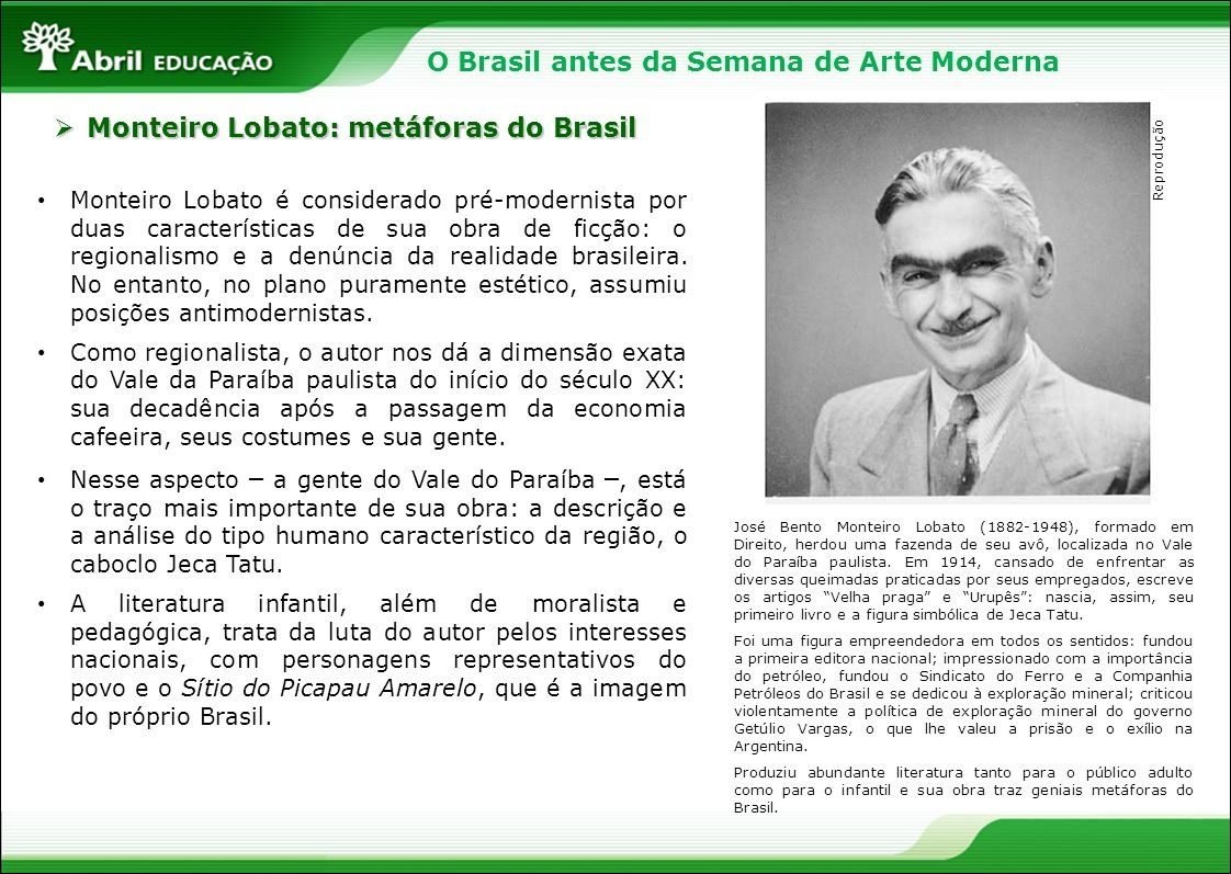 Mapa mental com Brasil antes da Semana de Arte Moderna, Monteiro Lobato metáforas do Brasil, e características de sua obra de ficção