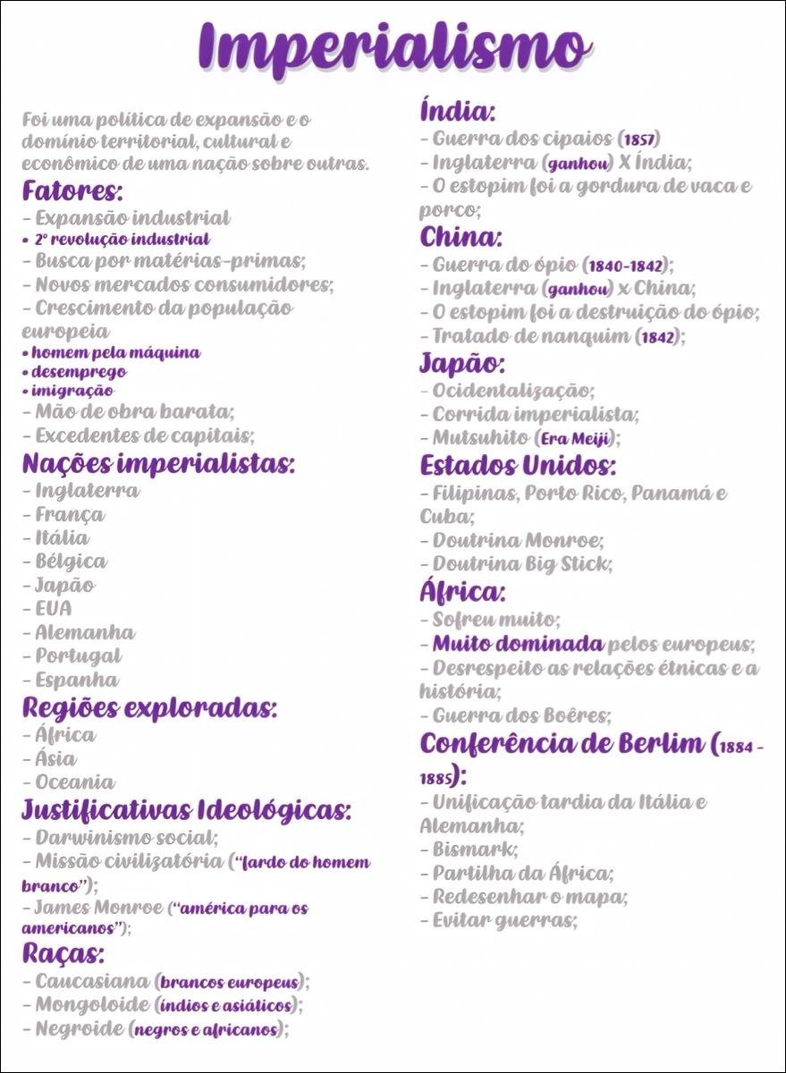 Mapa mental com Imperialismo no centro, ramificando-se para Índia e Guerra dos cipaios 1857