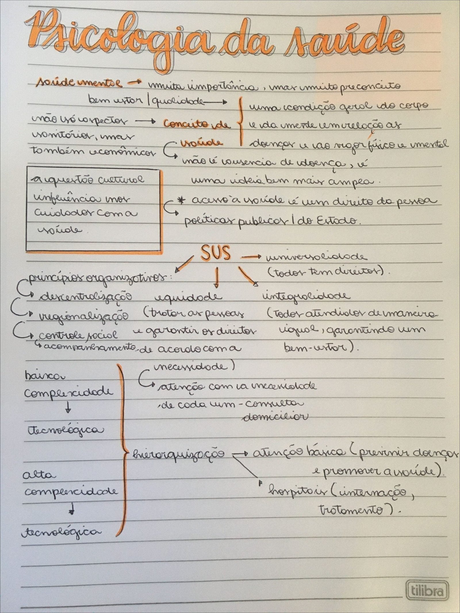 Mapa mental com Psicologia da saúde no centro, ramificando-se para saúde mental e importância