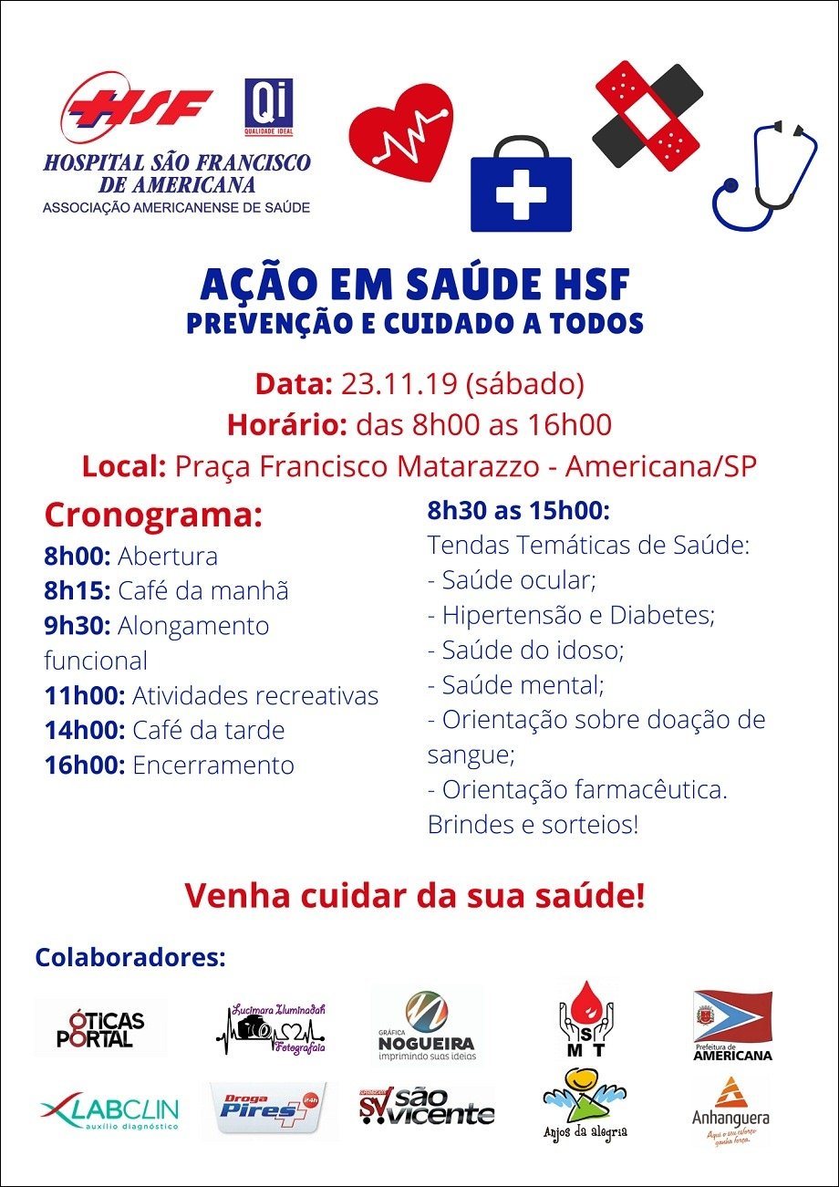 Mapa mental com HSF no centro, ramificando-se para: Qi, QUALIDADE IDEAL, HOSPITAL SÃO FRANCISCO, DE AMERICANA, ASSOCIAÇÃO AMERICANENSE DE SAÚDE, AÇÃO EM SAÚDE HSF, PREVENÇÃO E CUIDADO A TODOS