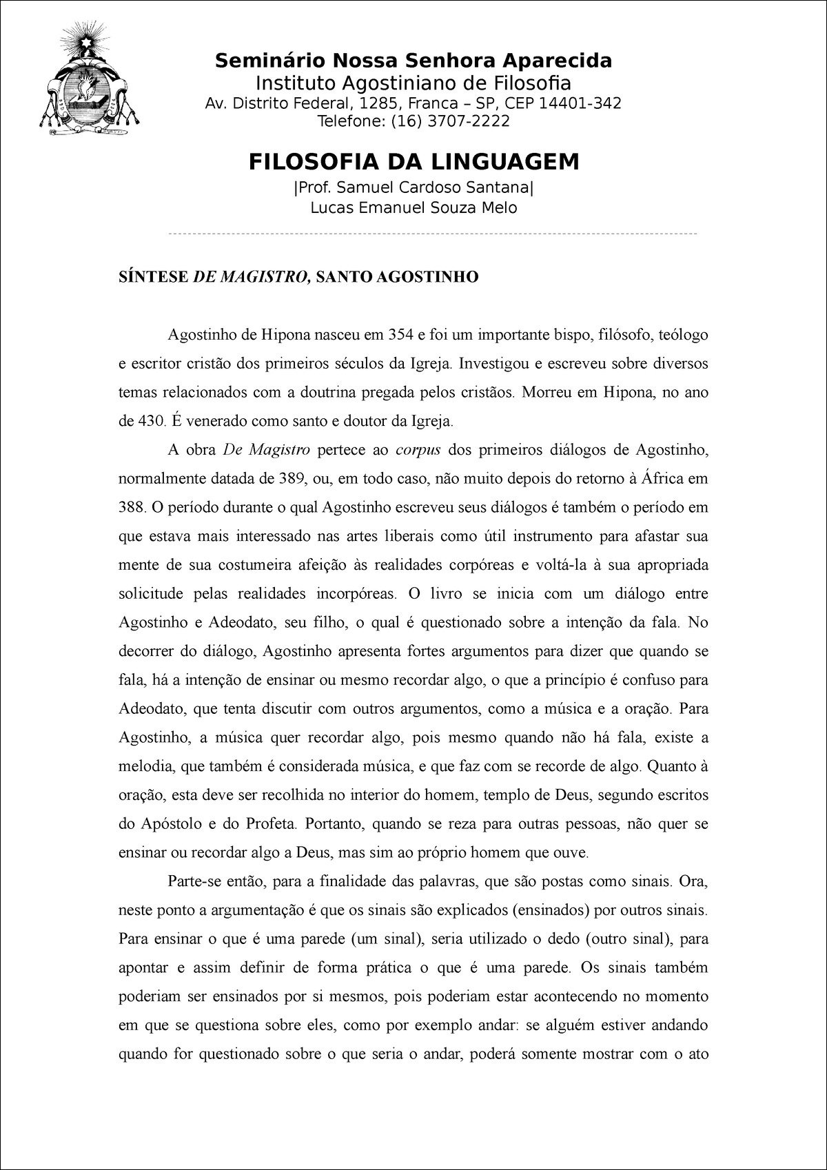Mapa mental com Filosofia da Linguagem no centro, ramificando-se para Seminário Nossa Senhora Aparecida e Instituto Agostiniano de Filosofia
