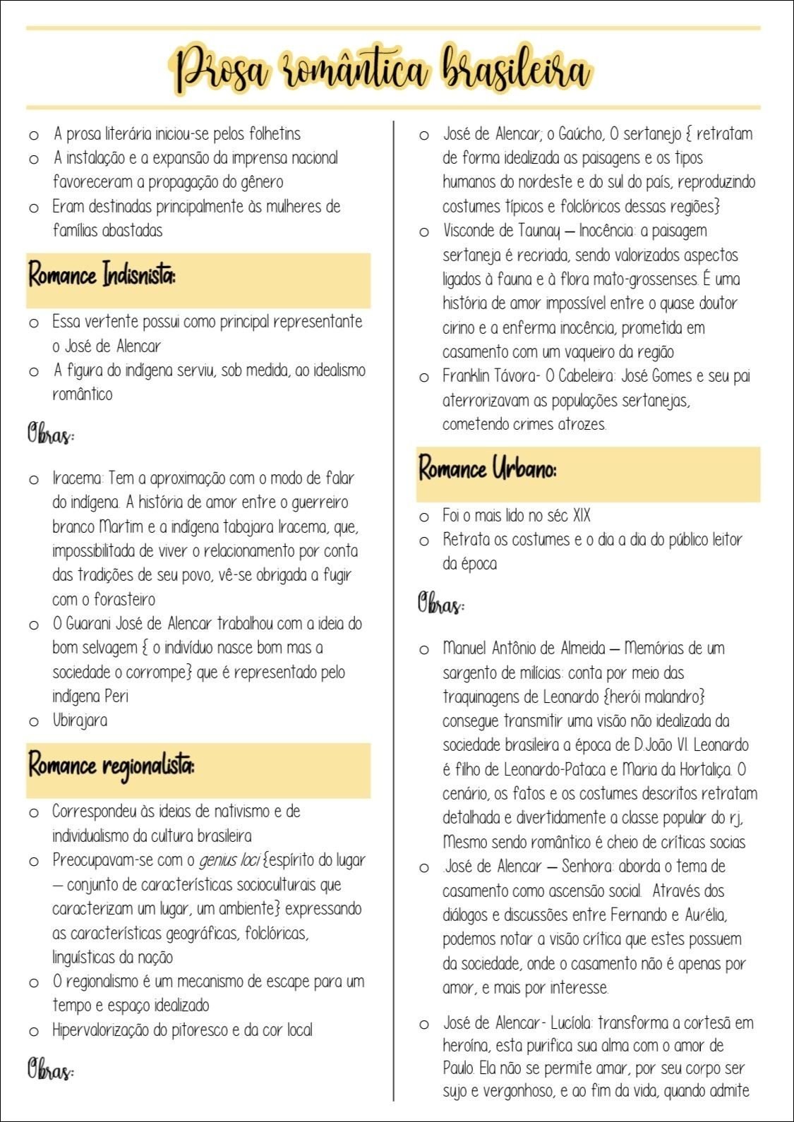 Mapa mental com Prosa Romântica brasileira no centro, ramificando-se para Gaúcho e sertanejo