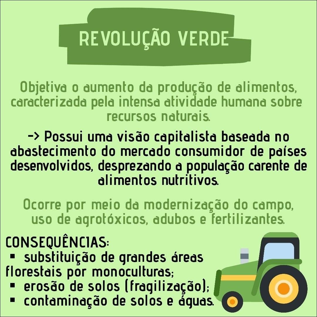 Mapa mental com Revolução Verde no centro, ramificando-se para Aumento da produção de alimentos e Intensa atividade humana sobre recursos naturais