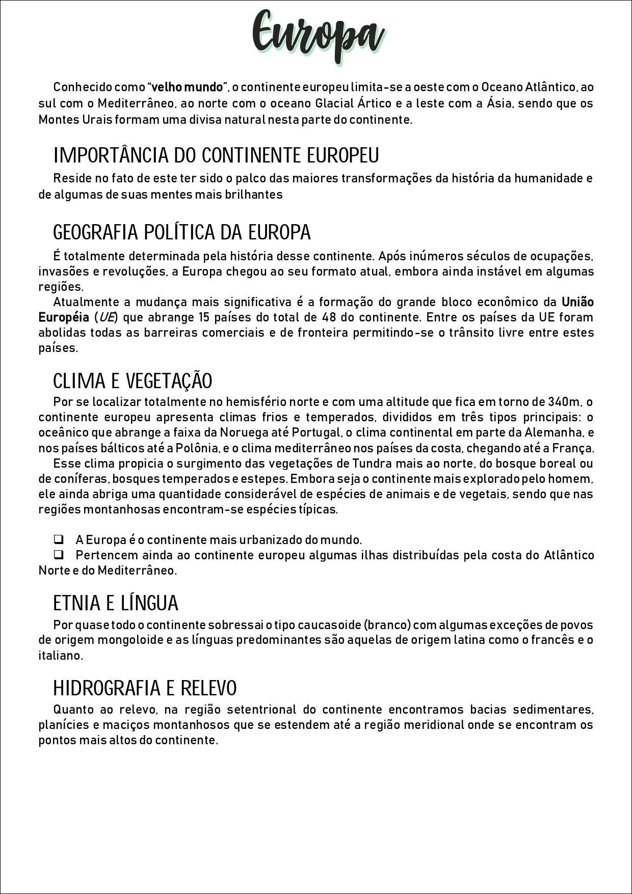 Mapa mental com Europa no centro, ramificando-se para Conhecido, Velho mundo