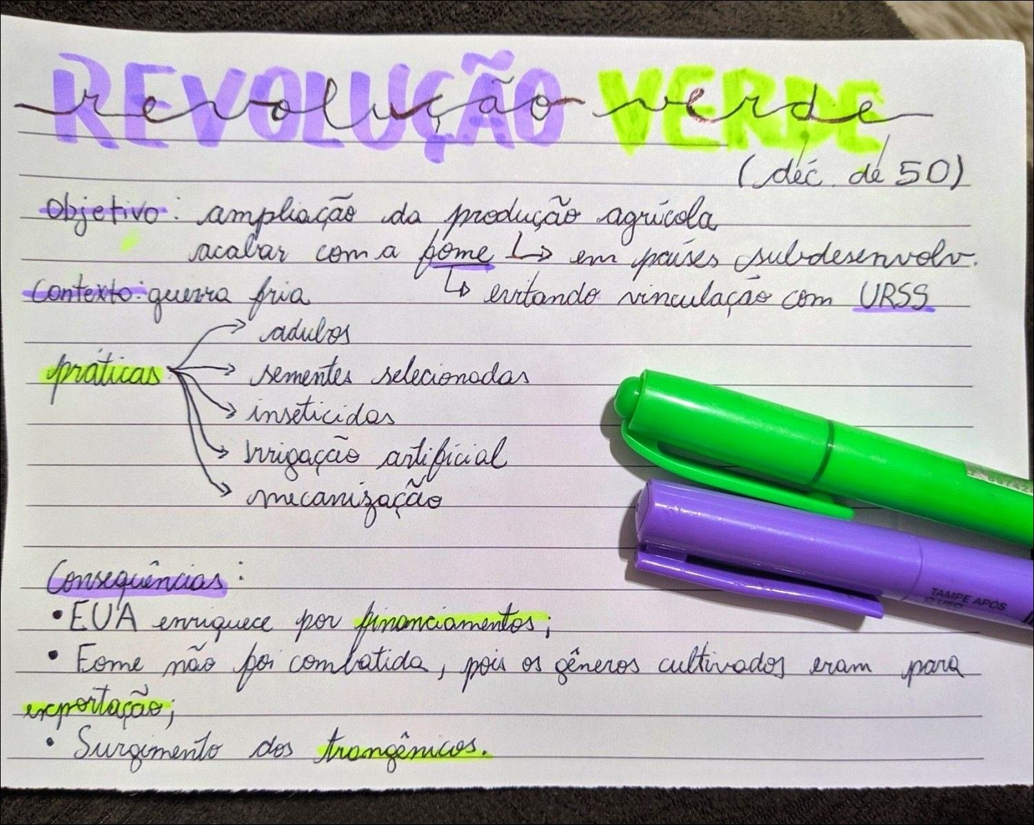 Mapa mental com REVOLUÇÃO VERDE no centro, ramificando-se para objetivo e ampliação