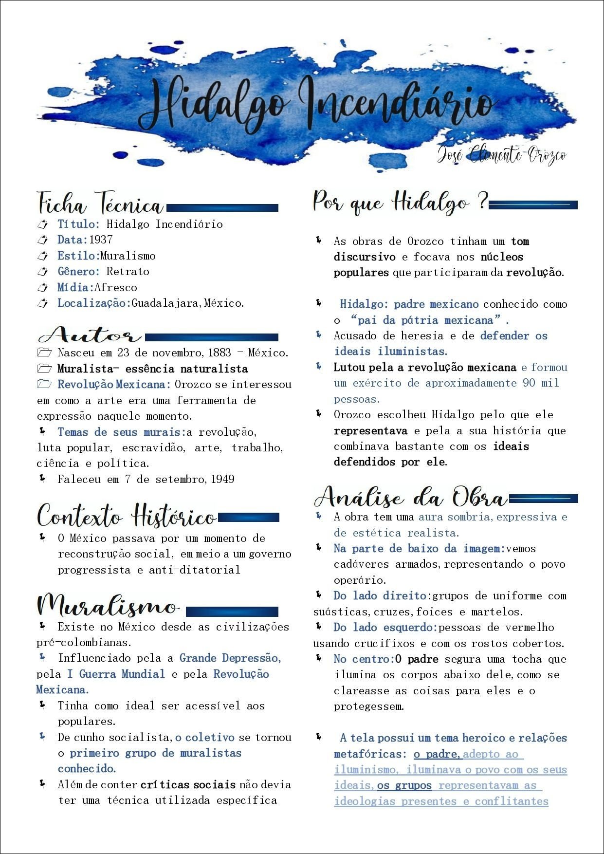 Mapa mental com Hidalgo Incendiário no centro, ramificando-se para José Clemente Orozco, Ficha Técnica e Por que Hidalgo