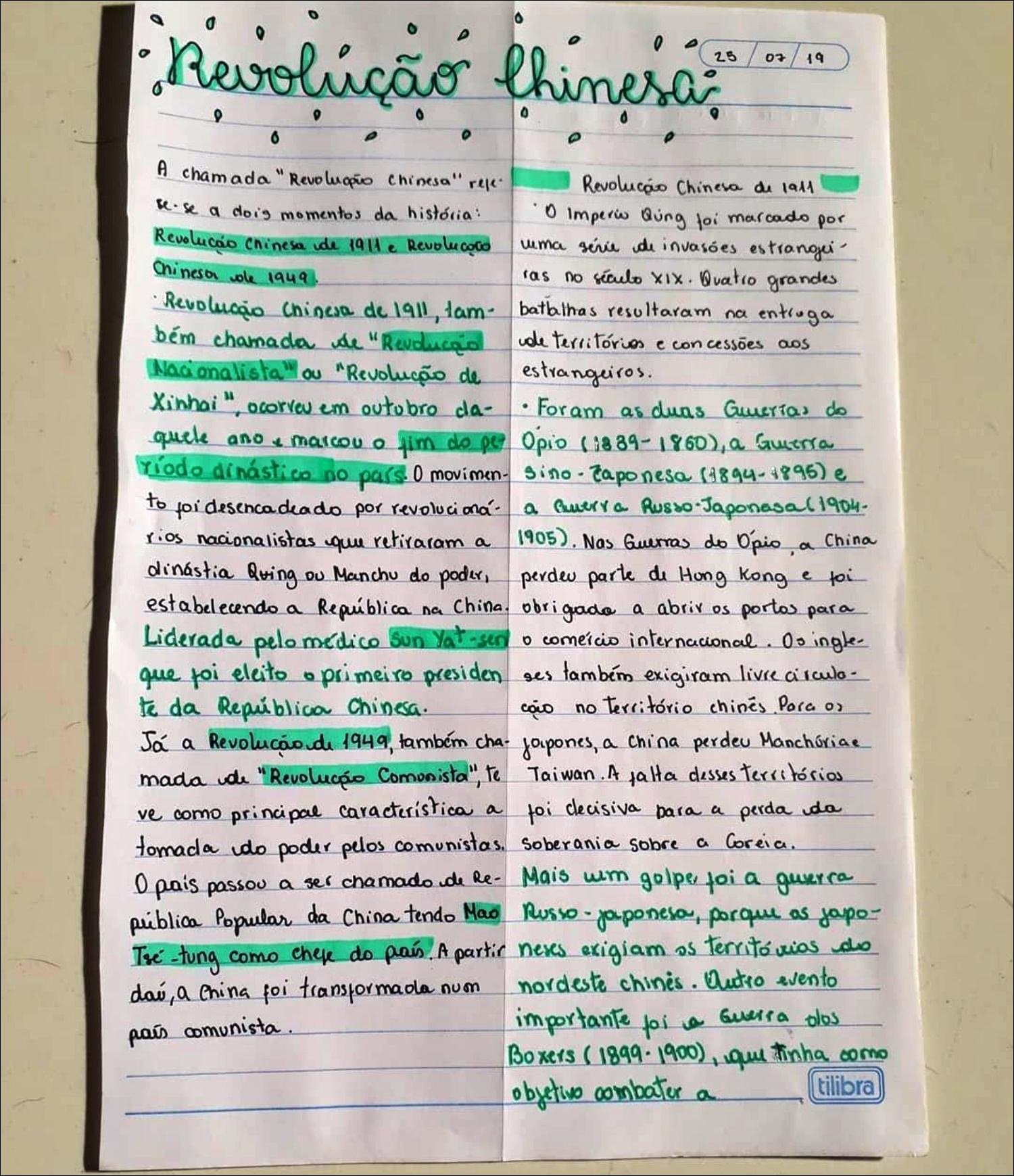 Mapa mental com Revolução Chinesa no centro, ramificando-se para Revolução Chinesa de 1911 e Quatro grandes batalhas resultaram na entrada de territórios e concessões aos estrangeiros