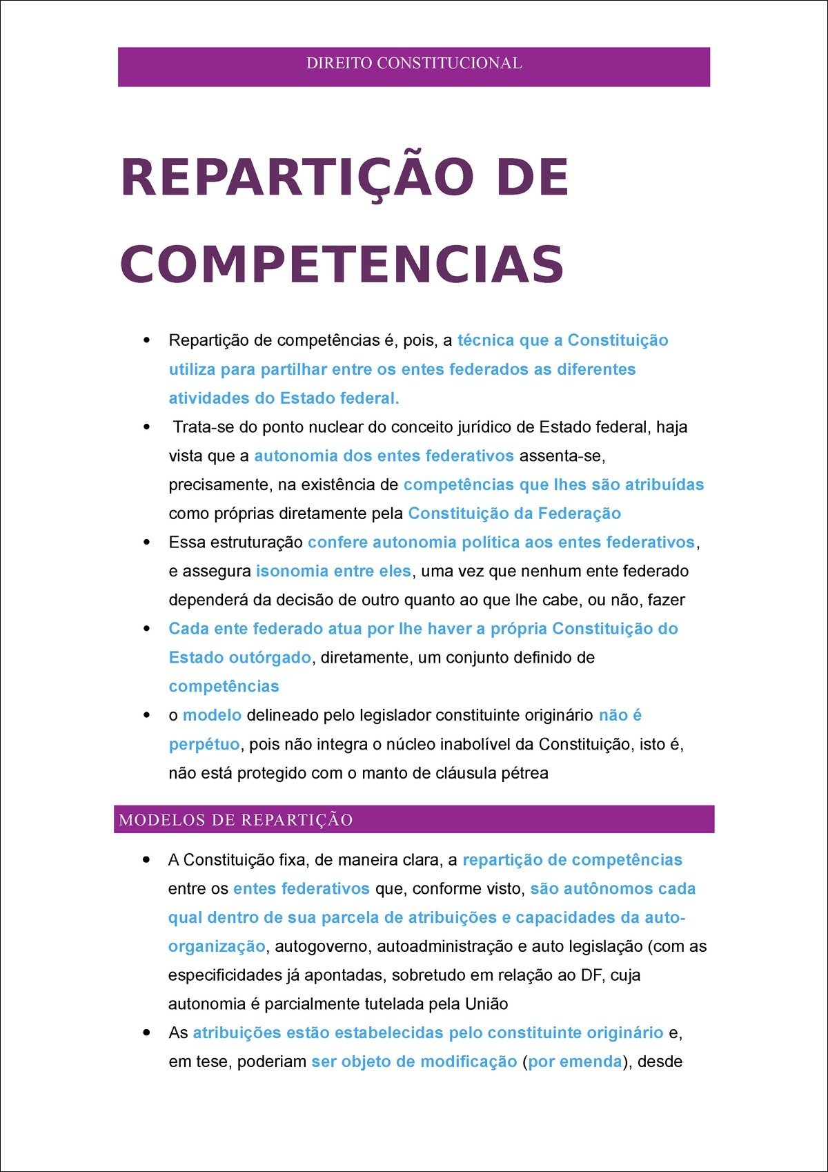 Mapa mental com Direito Constitucional no centro, ramificando-se para Repartição de Competências e Atividades do Estado Federal