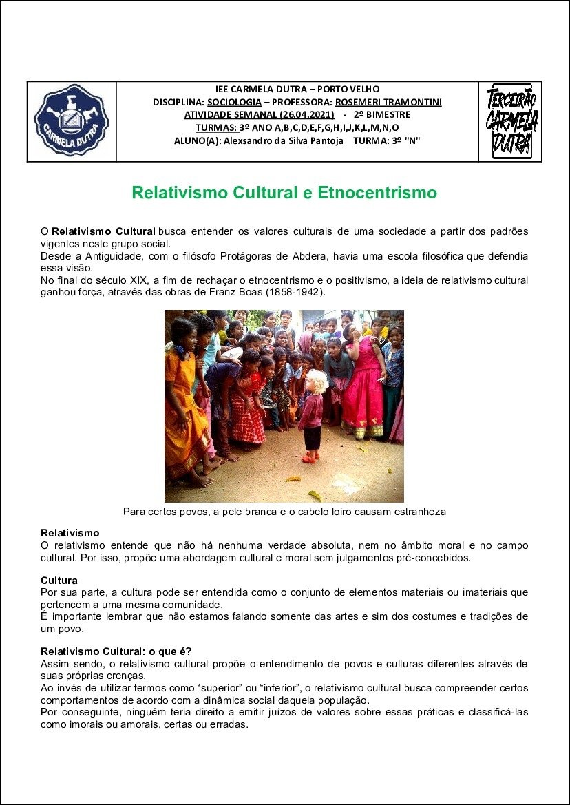 Mapa mental com Relativismo Cultural no centro, ramificando-se para Etnocentrismo e Valores Culturais