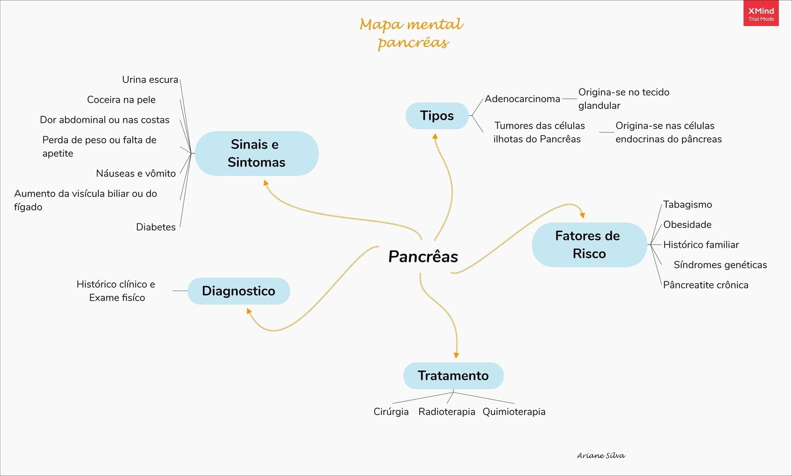 Mapa mental com Pancrêas no centro, ramificando-se para Urina escura e Originase no tecido