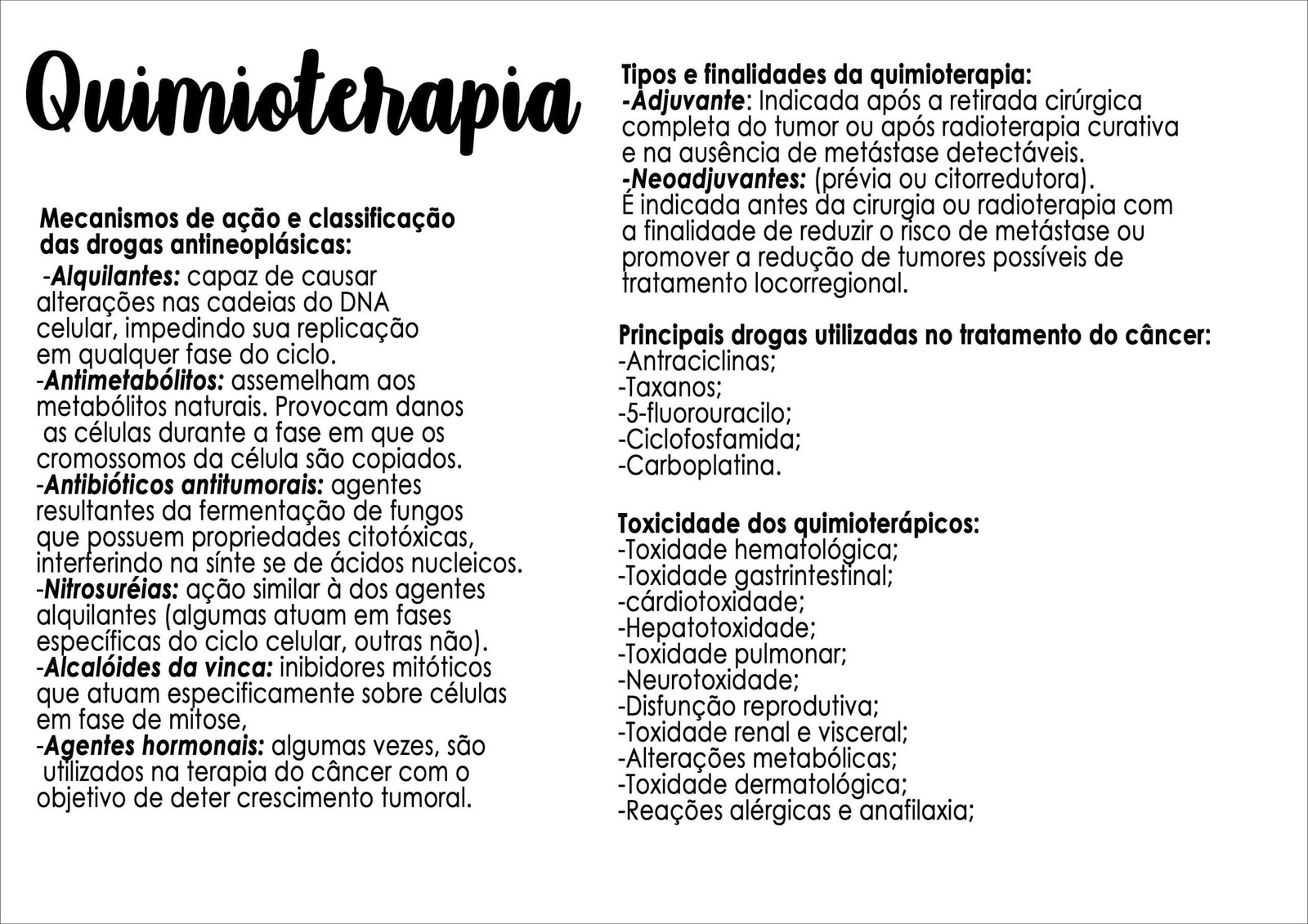 Mapa mental com Quimioterapia no centro, ramificando-se para Tipos e finalidades da quimioterapia e Adjuvante
