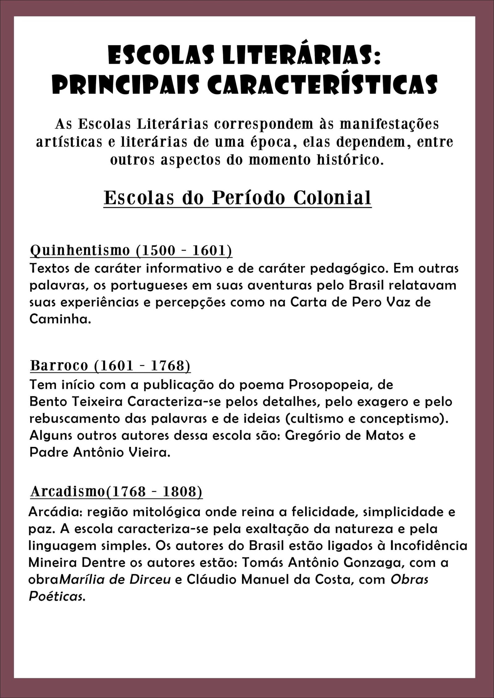 Mapa mental com palavra no centro, ramificando-se para Escolas Literárias, Princicais Características, Período Colonial, Quinhentismo, Barroco