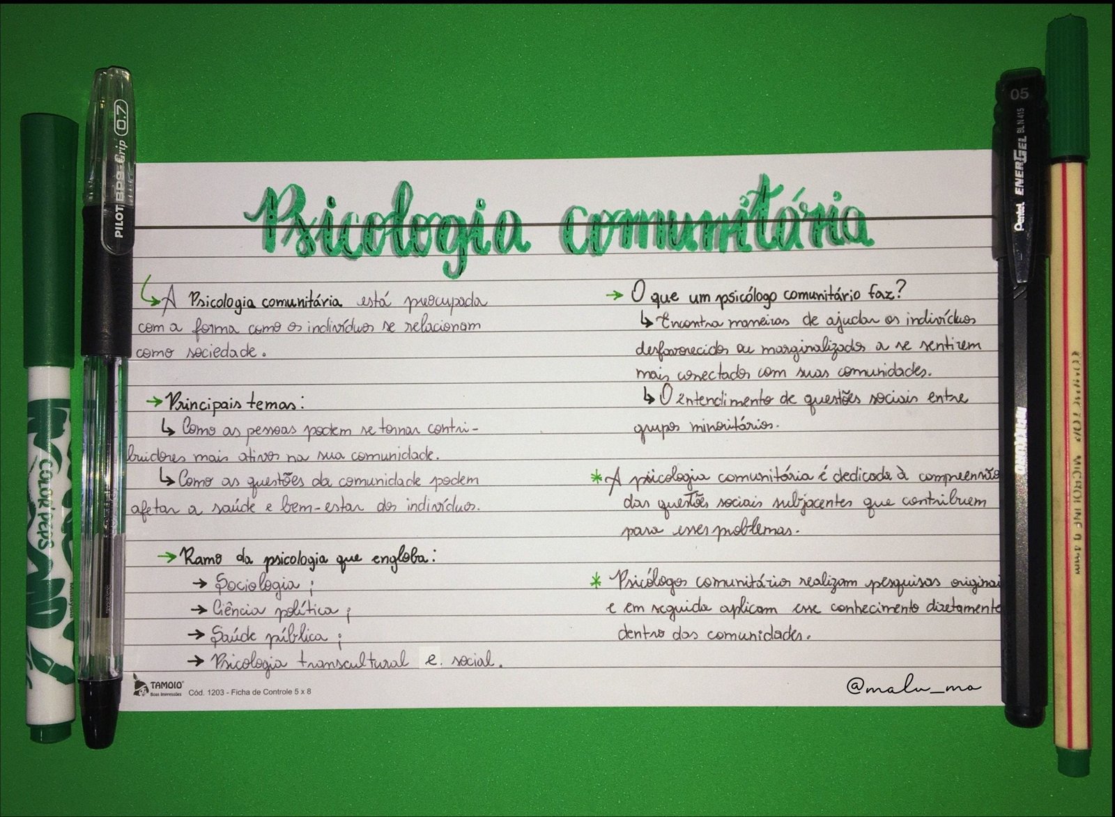 Mapa mental com Psicologia Comunitária no centro, ramificando-se para Pentel ENERGEL BLN415 e PILOT BPSGrip